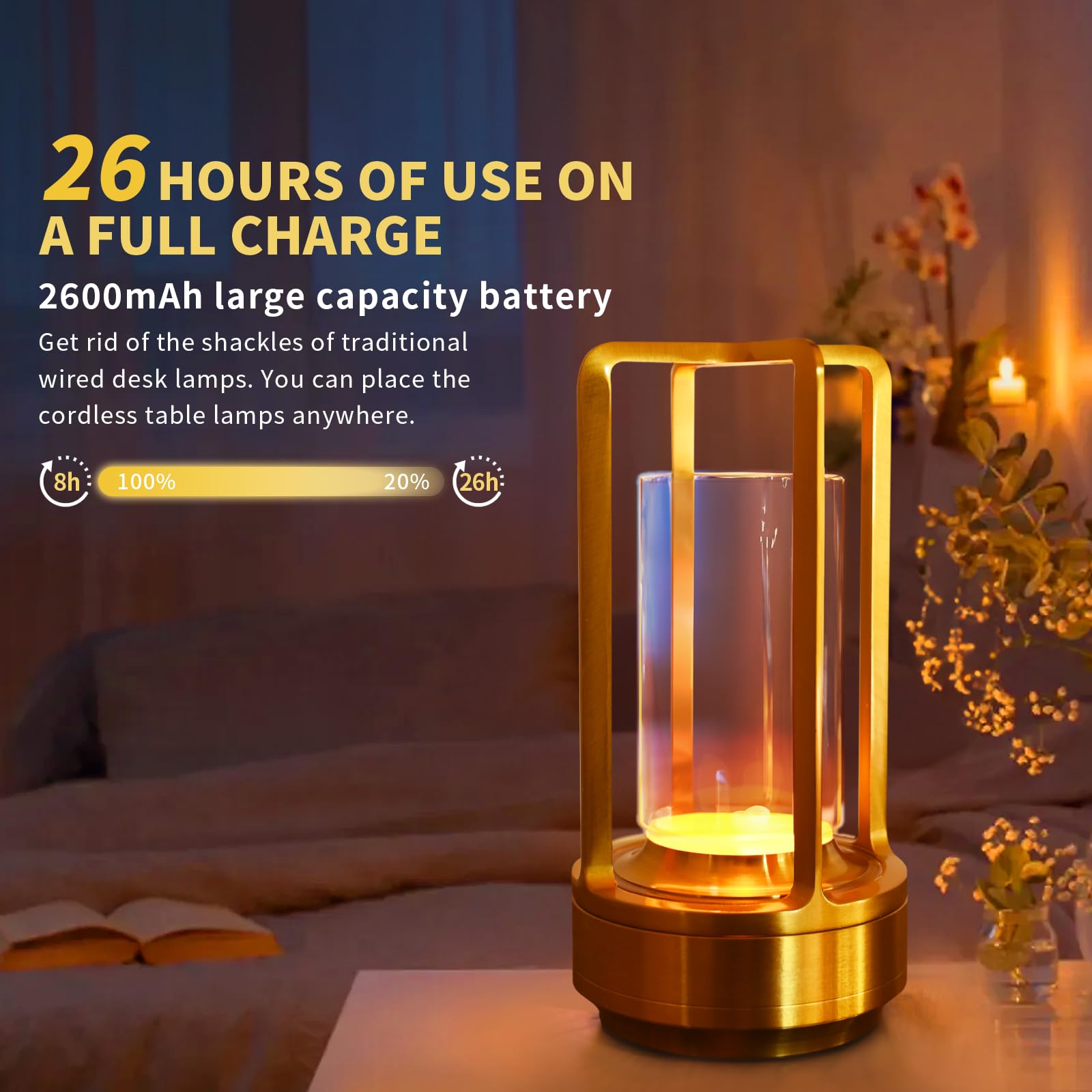 Cordless Table Lamp With Touch Sensor, Lumisom Crystal Table Lantern Lamp, Rechargeable Cordless Led Lamp, 3 Color 3200Ma Stepless Dimming Touch, Desk Lamp For Bedroom Restaurant Home Outdoor (Gold)