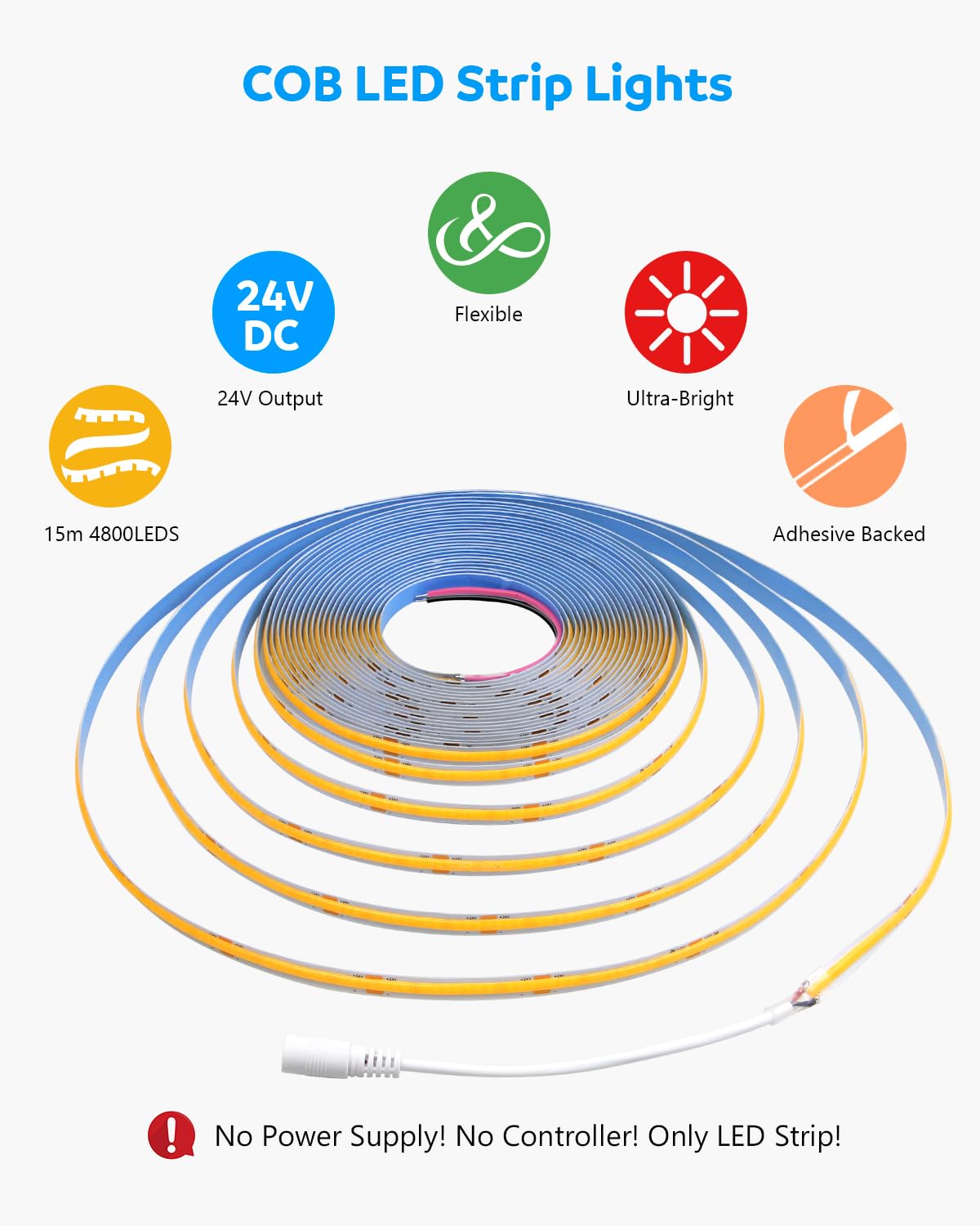 Aclorol Cob Led Strip Lights 24V 50Ft Led Rope Lights For Bedroom Warm White 3000K 320Leds/M Cri85+ Flexible Led Tape Lighting F