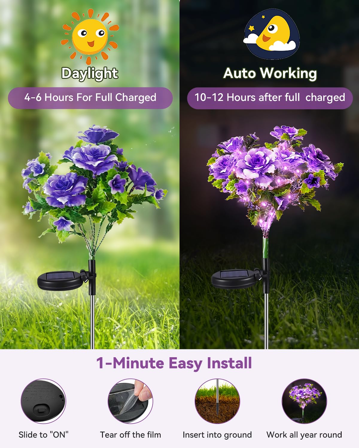 Neporal Solar Light Outdoor - 2 Pack Solar Garden Lights With Purple Carnation Solar Flowers, Solar Lights Outdoor Waterproof Ip
