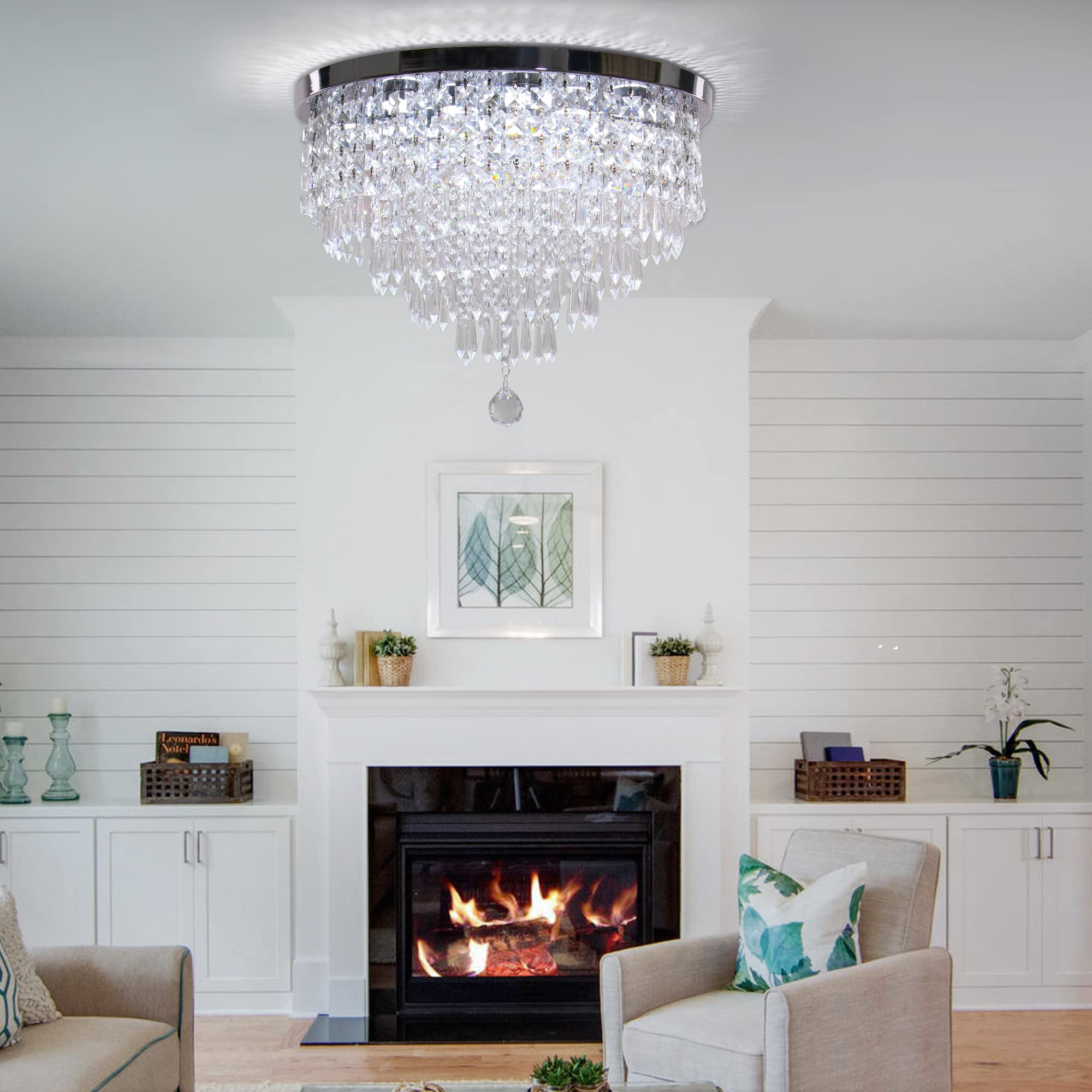 Ypqxyhda 19.7'' Crystal Chandeliers Led Crystal Ceiling Light With Remote Control Modern Flush Mount Chandelier For Bedroom Livi