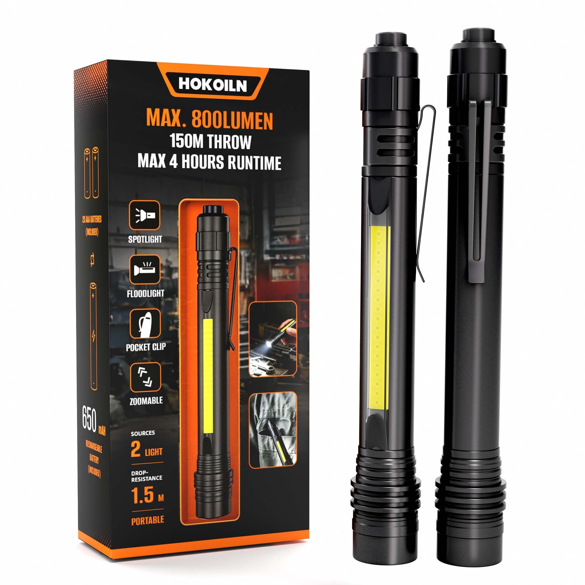 HOKOILN Pen Light, 800 Lumens Pocket EDC Flashlight Rechargeable, Dual Light Sources, Bright Pen Flashlight, Waterproof Handheld