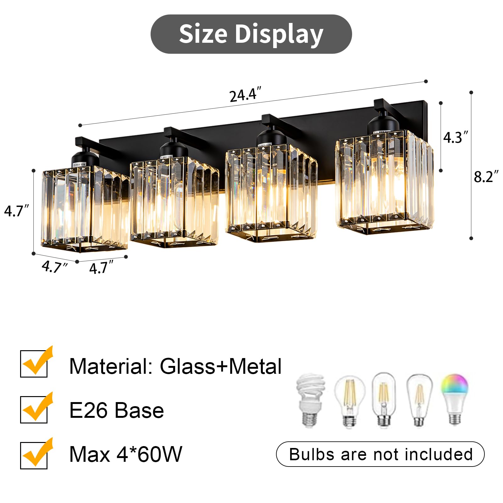 Aixialin 4-Light Modern Crystal Bathroom Vanity Light Black Metal Wall Fixture Model 600-100-1013