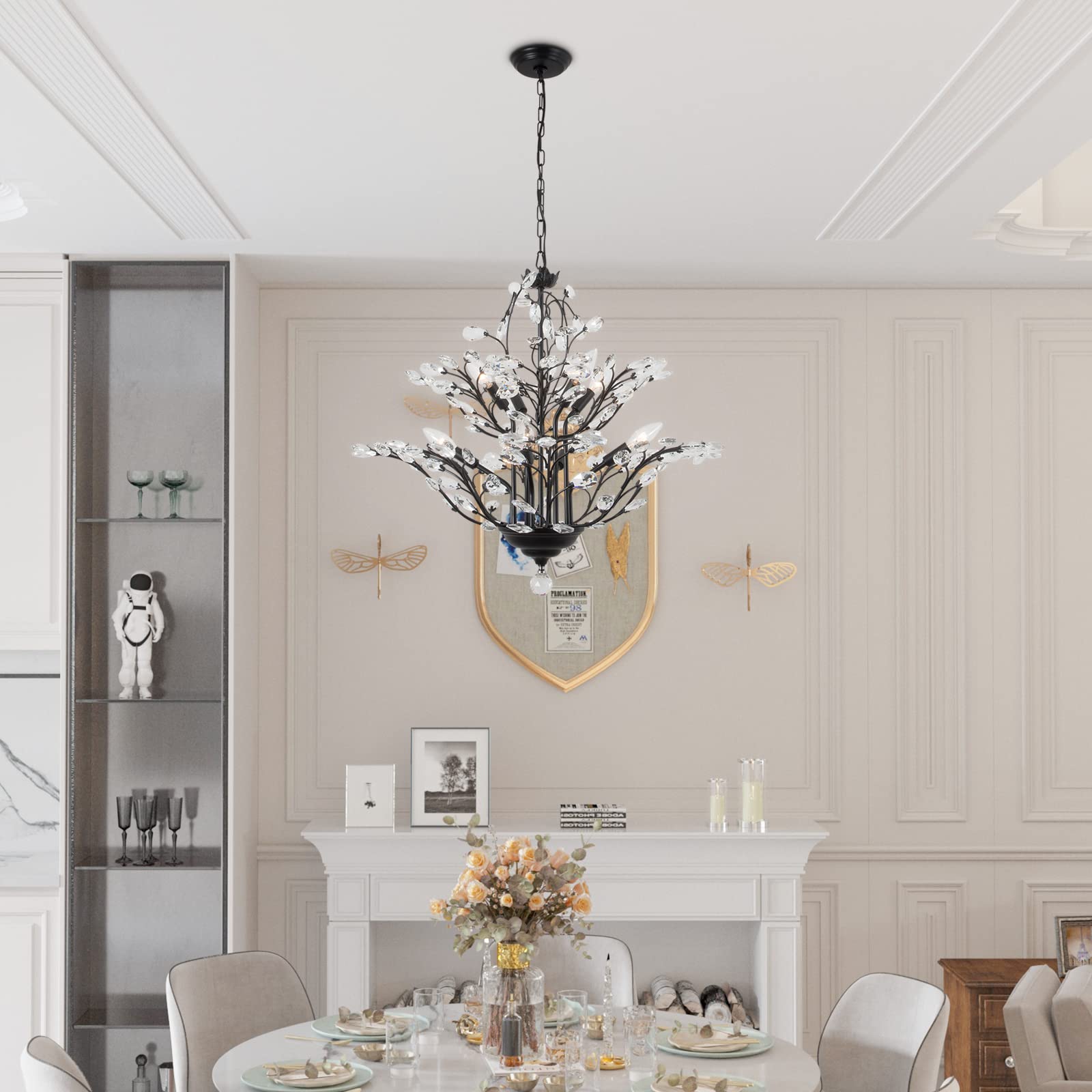 Maxax Vintage Crystal Branch Chandelier, 8-Light, Metal, Black, Model 19171-8BK, Adjustable Pendant Lighting for Dining Room, Living Room, Bedroom