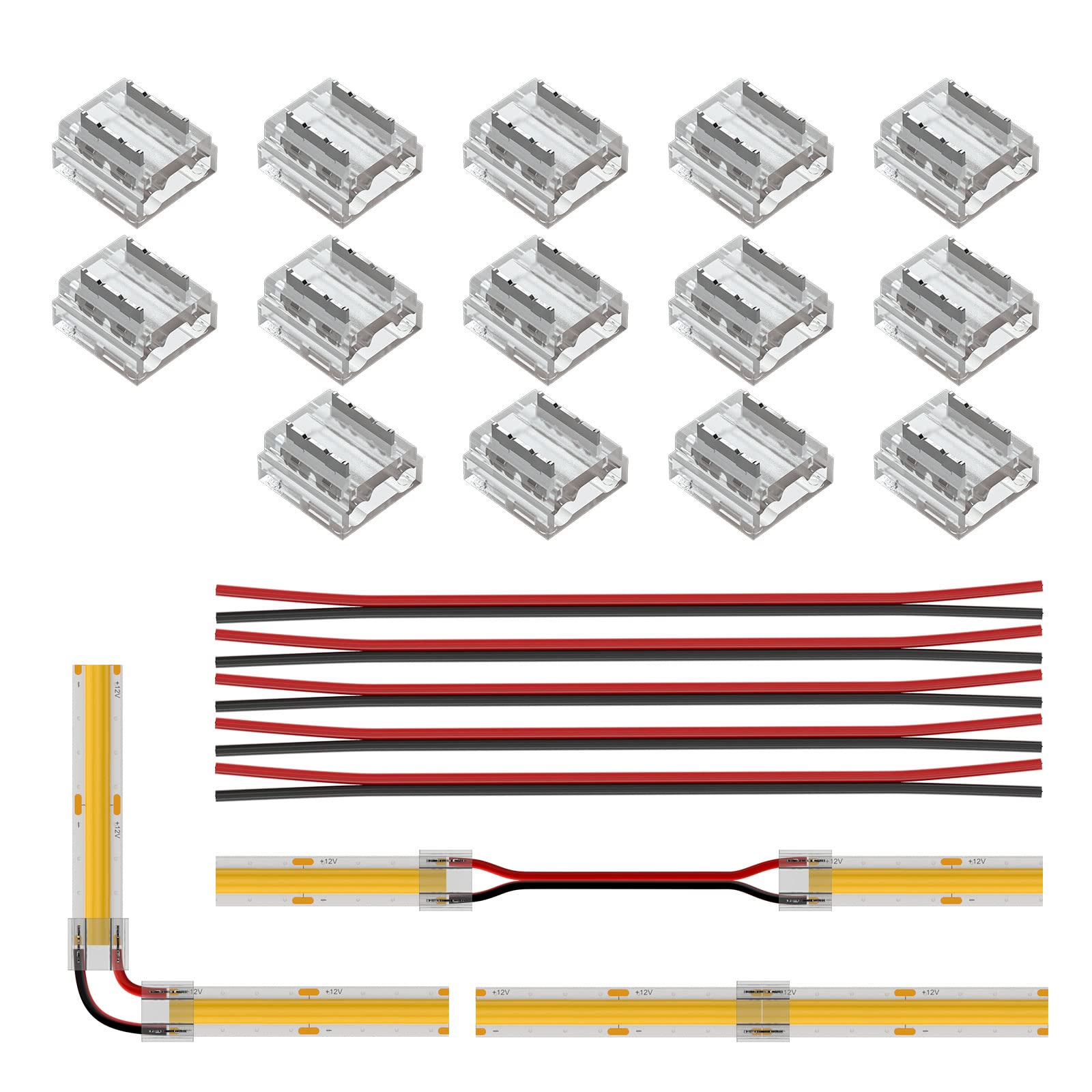 BTF-LIGHTING FCOB COB 8mm 0.31in Connector Kit 14pcs Transparent Connector 5pcs 15cm Long 20AWG Extension Wires For Non-Wired Ga