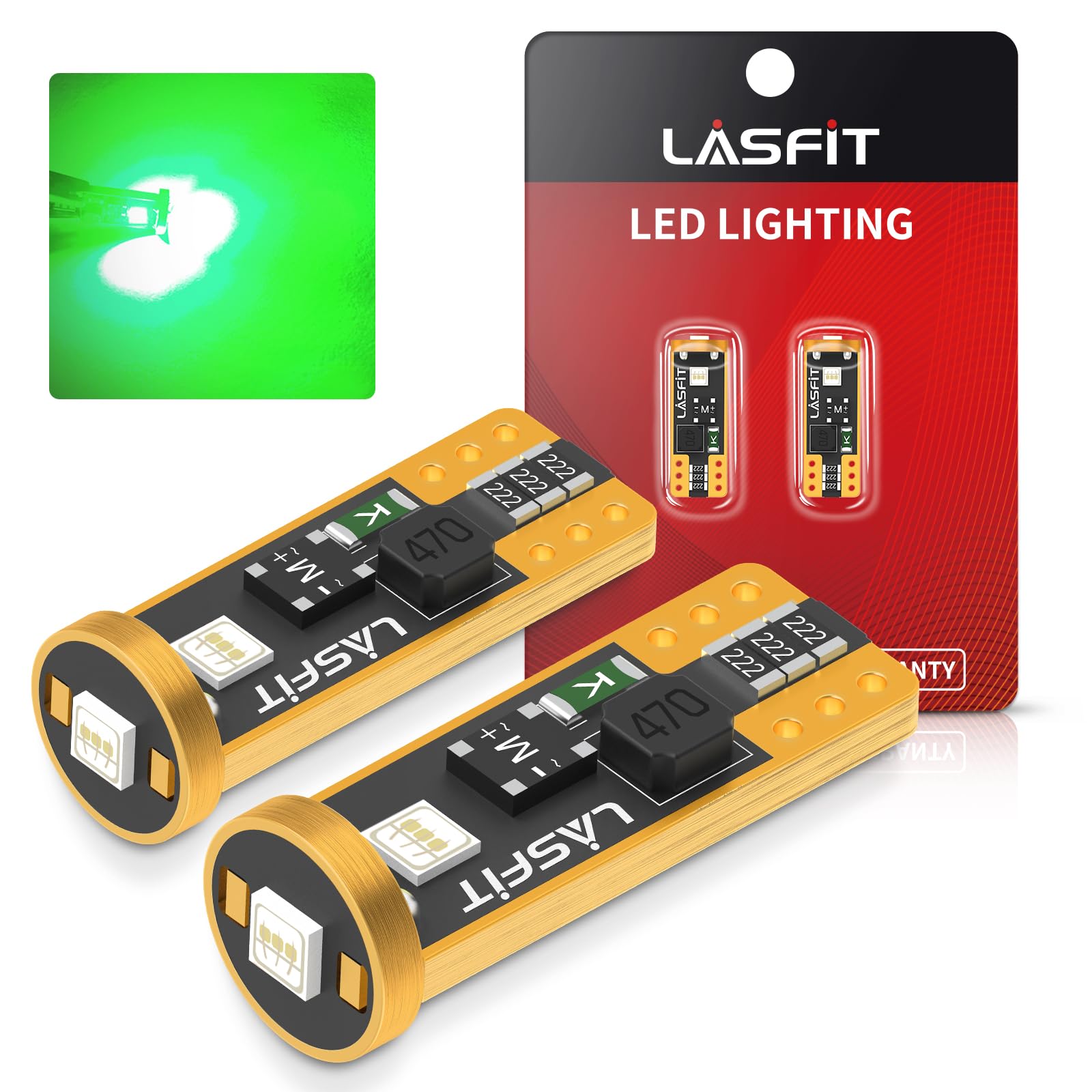 LASFIT LED Bulb T10 194 2825 W5W 400LM 6000K Green Pack of 2 Non-Polarity Canbus Error Free