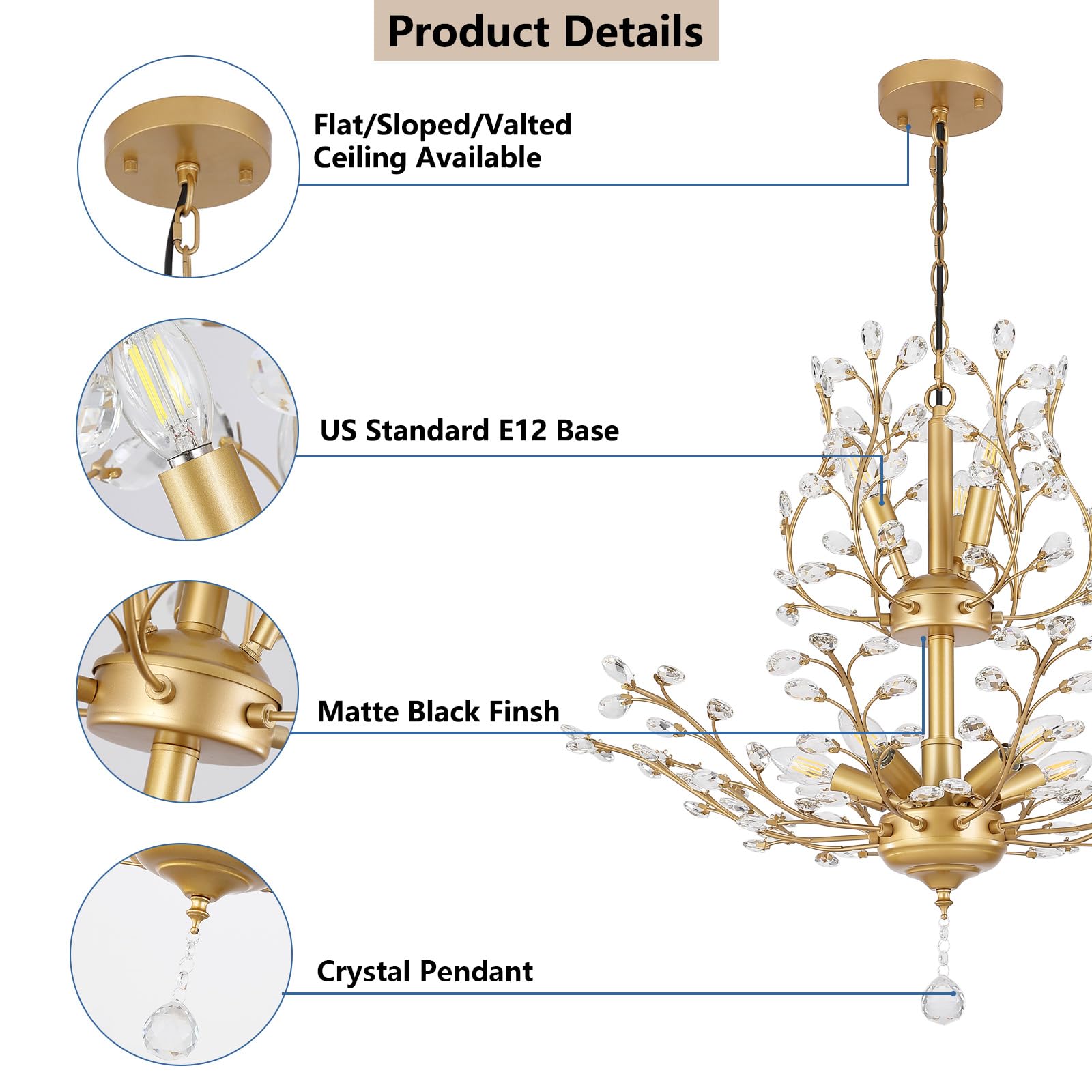 3Wwwuee Gold Crystal Chandelier, Farmhouse 8-Light Large Branch Pendant Light With Adjustable Chain, 2-Tier Vintage Flower Ceili