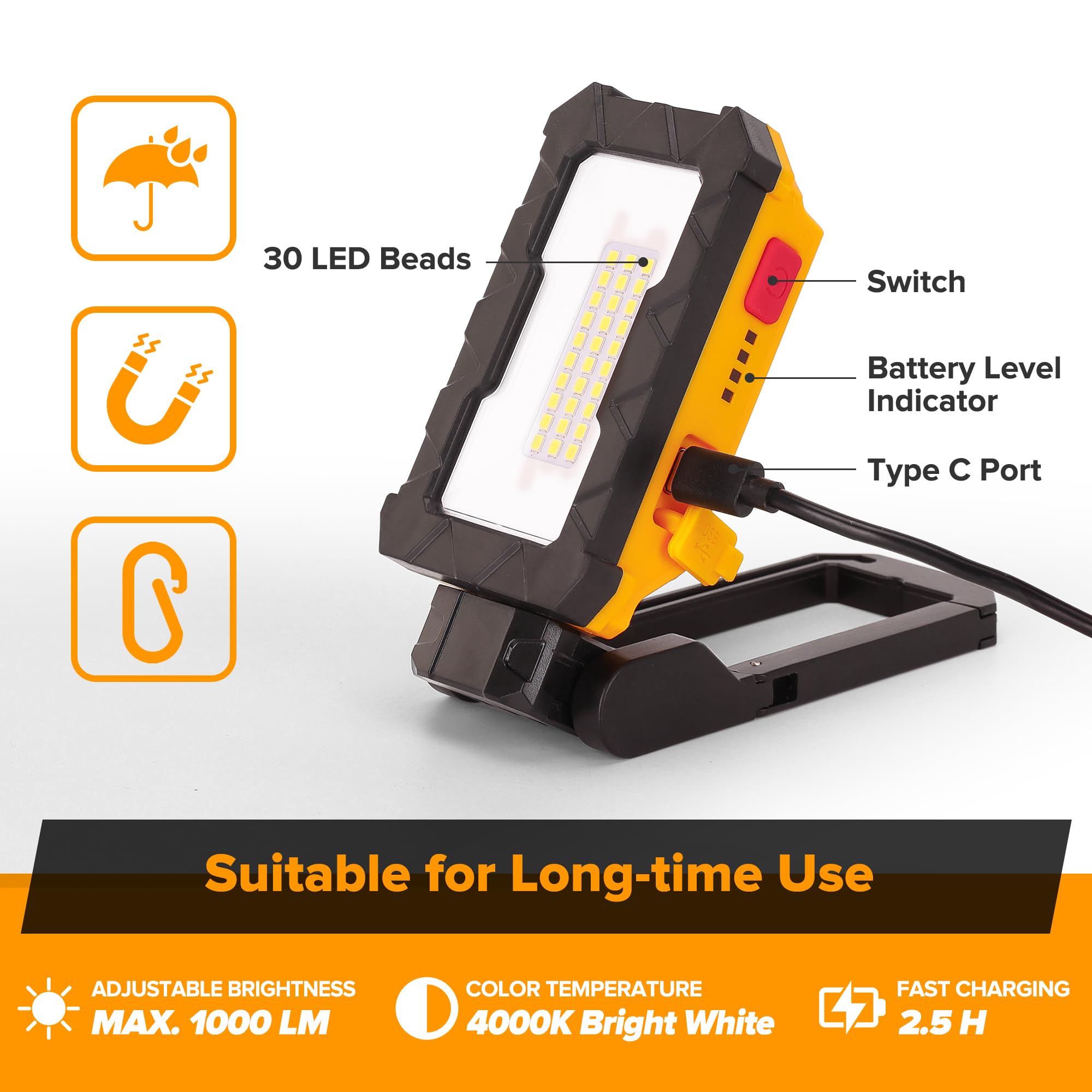 LUTEC Rechargeable Work Light, 1000 Lumens LED, Magnetic Base, 360° Rotate, 200° Swivel, Orange, Ideal for Car Repair and Camping