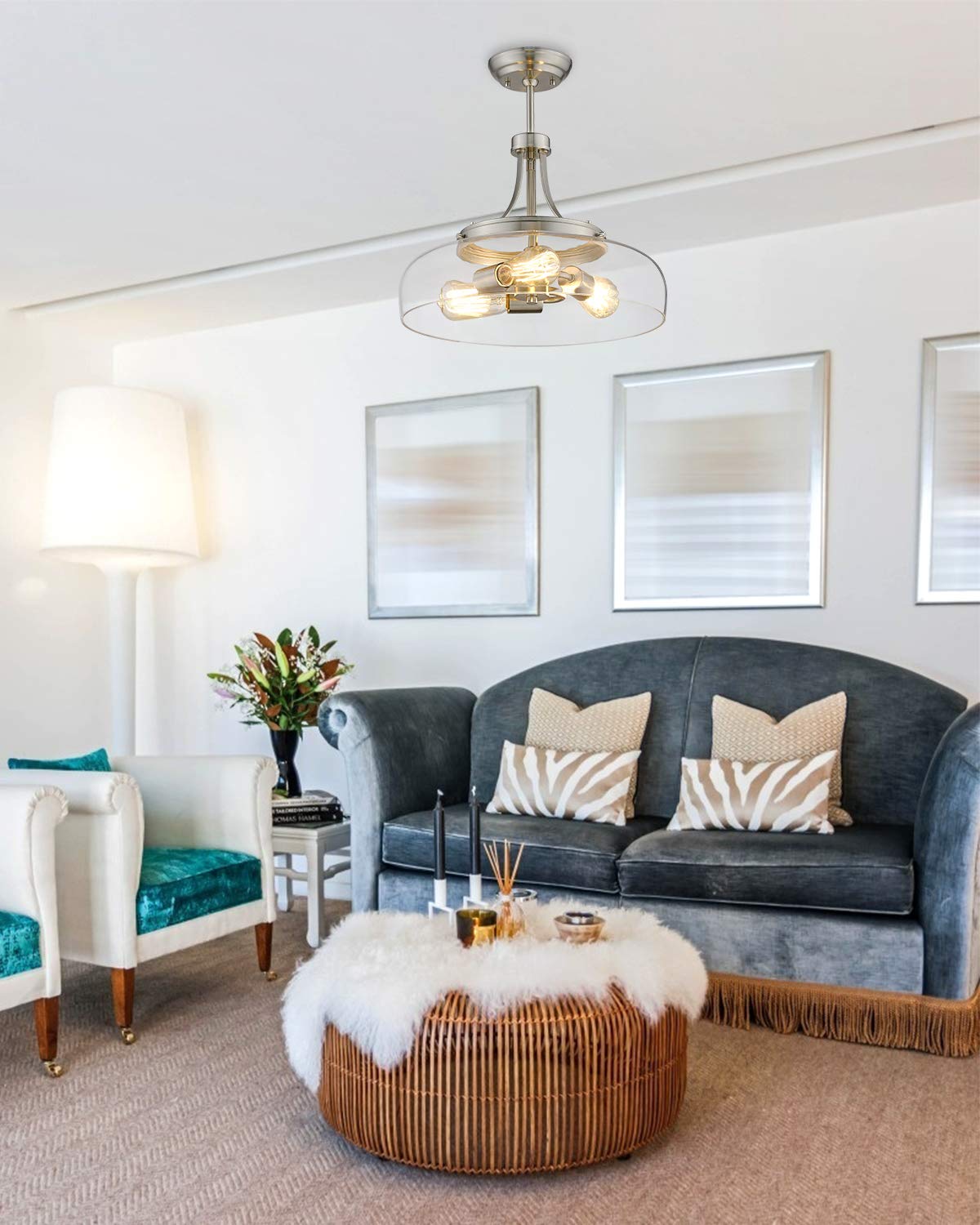 Eapudun 3-Light Farmhouse Semi Flush Mount Ceiling Light, Brushed Nickel With Glass Shade