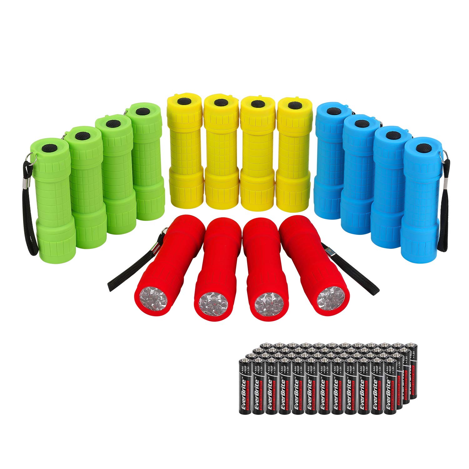 EverBrite Mini LED Flashlight Set - 16-Pack, Assorted Colors (Red, Blue, Green, Yellow), Includes 48 AAA Batteries