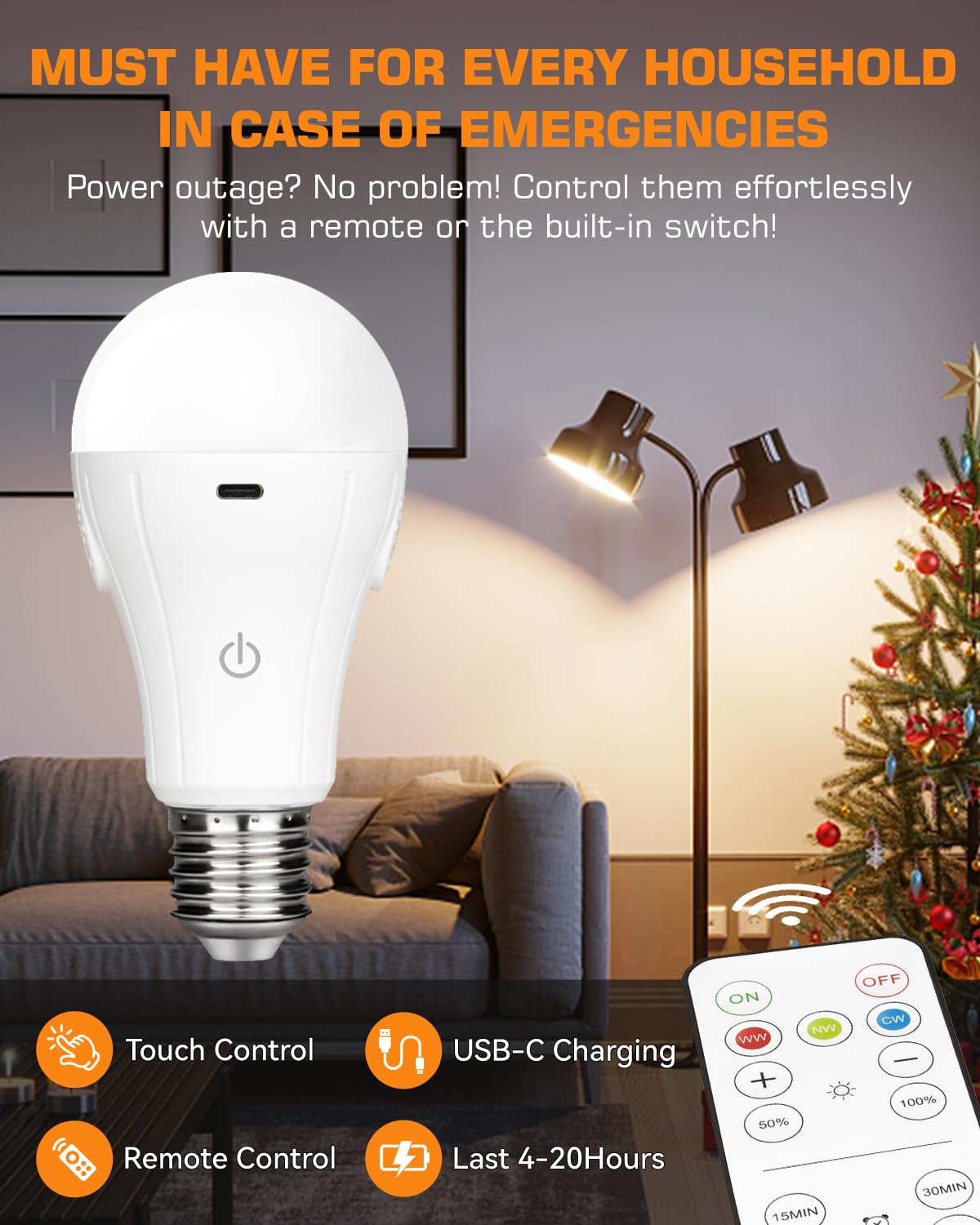 Cordlessglow 15W A19 Rechargeable Light Bulbs With Remote, 3 Color Temperatures + Dimmable Battery Powered Light Bulbs,Up To 24 Hours