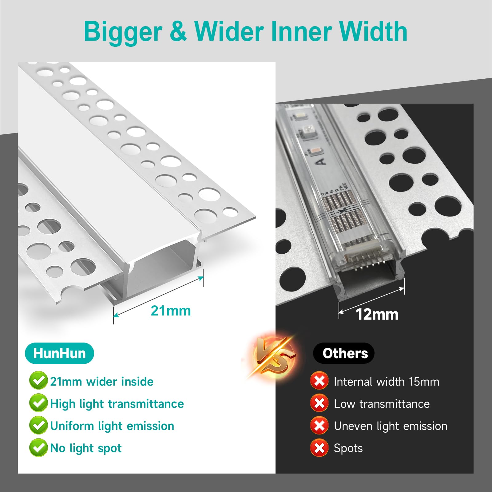 hunhun LED Aluminum Channel 10-Pack, 6.6ft/2Meter, Silver, Trimless with Clip-in Diffuser, Model CH04-M2-PP10