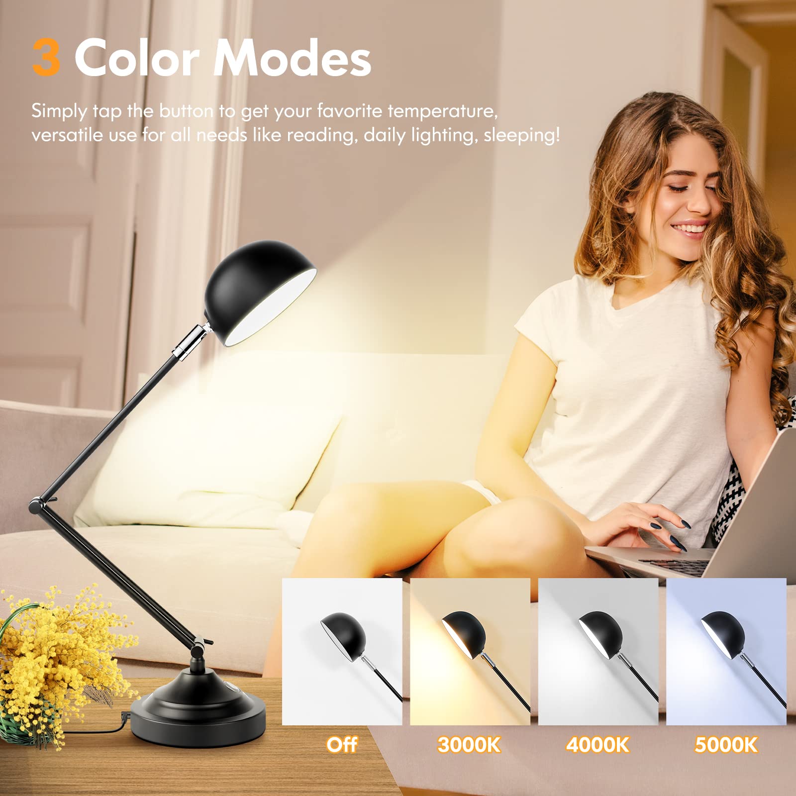 TOBUSA Touch Control LED Desk Lamp, Adjustable Swing Arm, Dimmable, 3000K/4000K/5000K, Black, Model T0345 BK