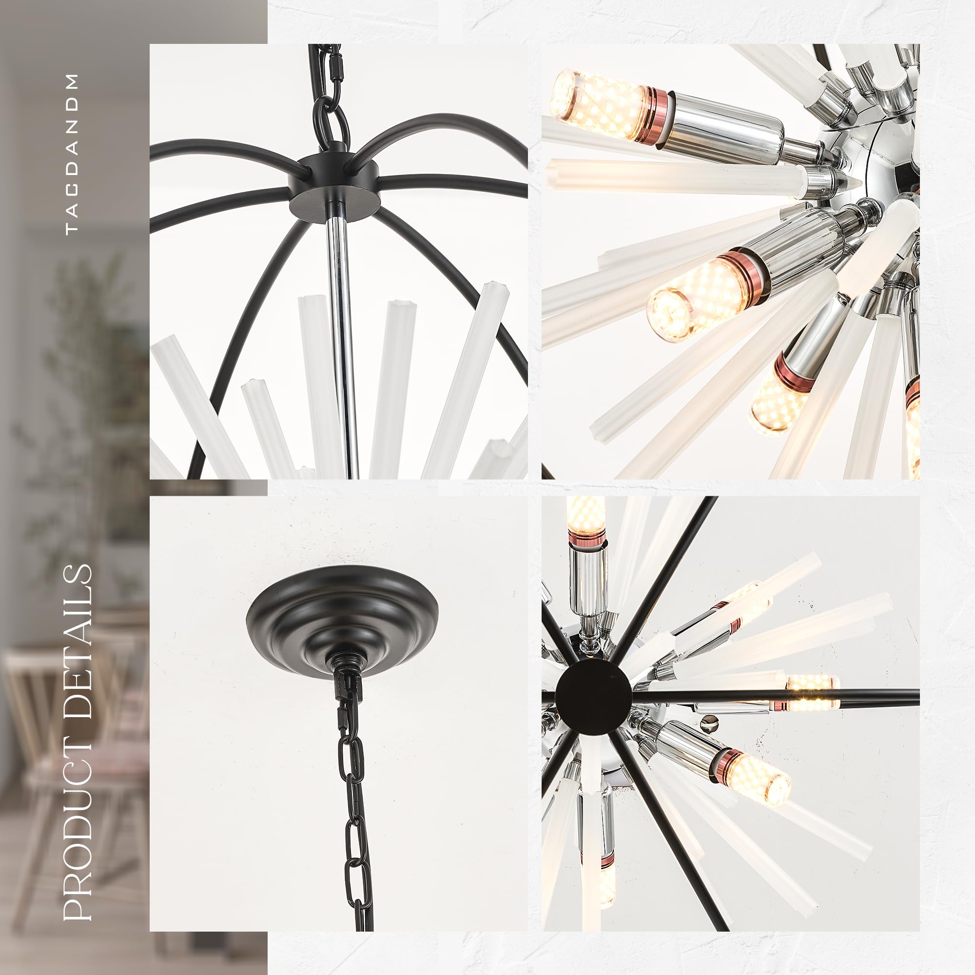 TACDANDM 16-Light Globe Sputnik Chandelier, 31.5" Black Chrome, Adjustable Hanging Ceiling Light for Entryway, Dining, Living Room