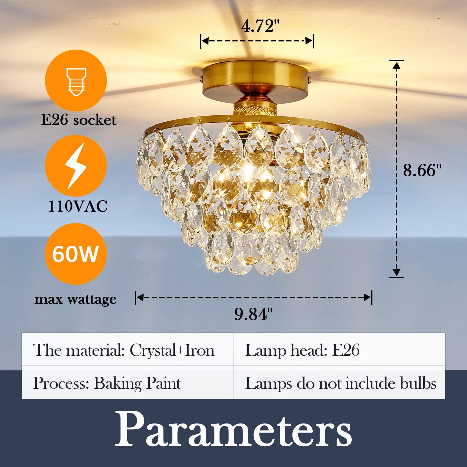 Yyjlx Modern E26 Small Crystal Chandelier Semi Flush Mount Ceiling Light Fixture Gold Ceiling Lamp For Hallway Bedroom Bathroom