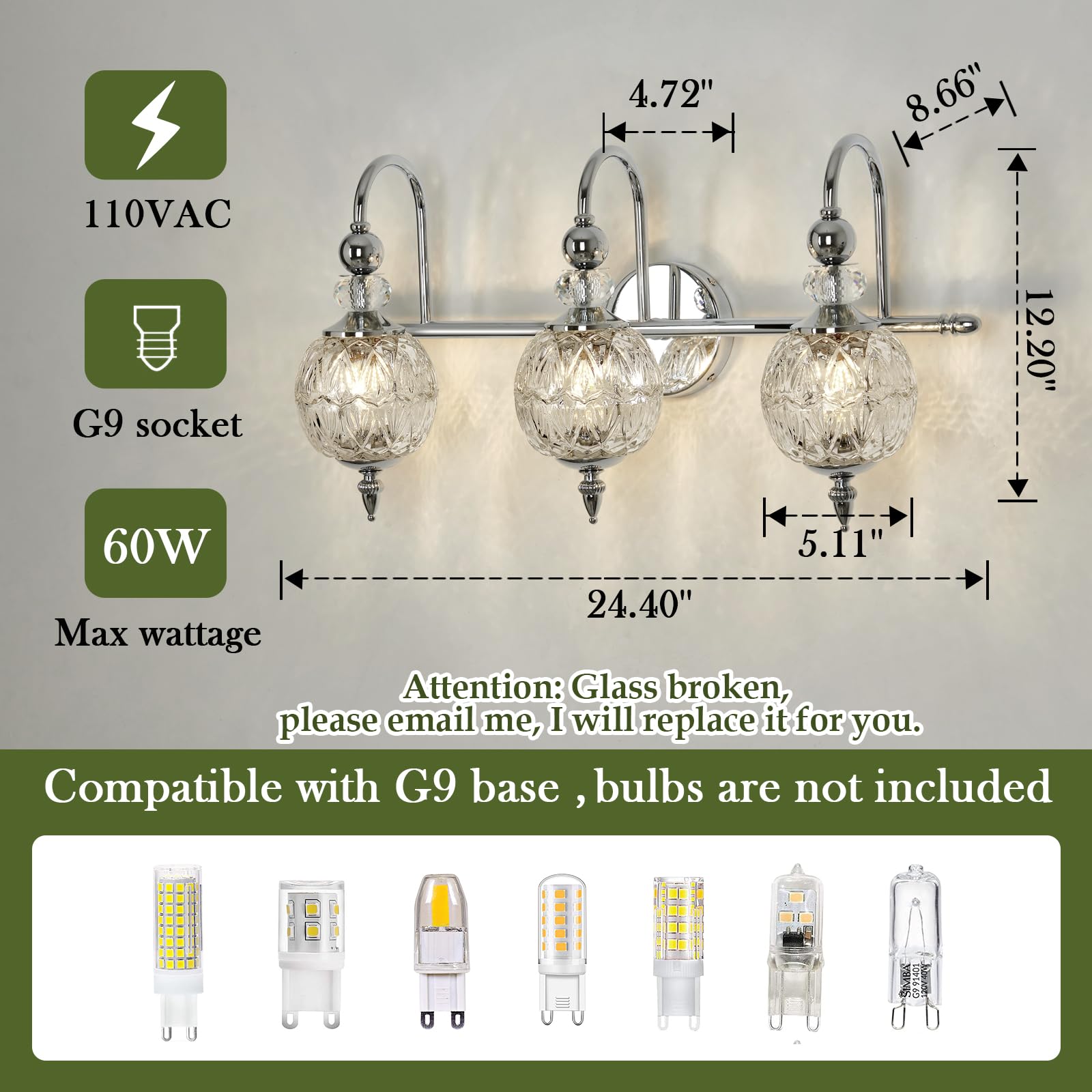 Piepooye Modern Bathroom Light Fixtures Polished Chrome Vanity Light With Glass Globe Lampshade 3 Lights Mid Century G9 Bulb Wal