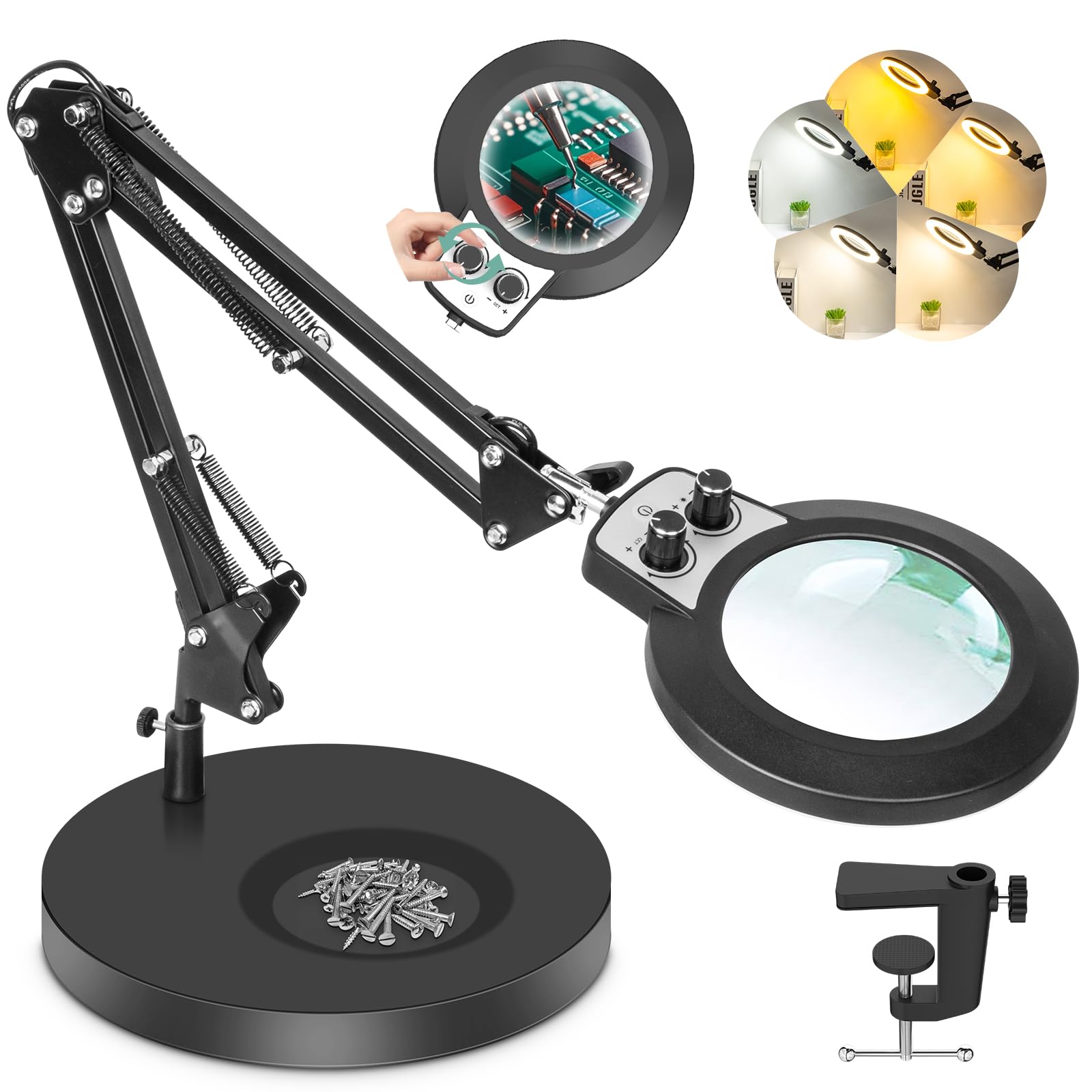 KMDES 10X Magnifying Glass with Light and Stand, Upgraded Any Color Modes & Stepless Dimming Magnifying Lamp, 2-in-1 Hands Free 