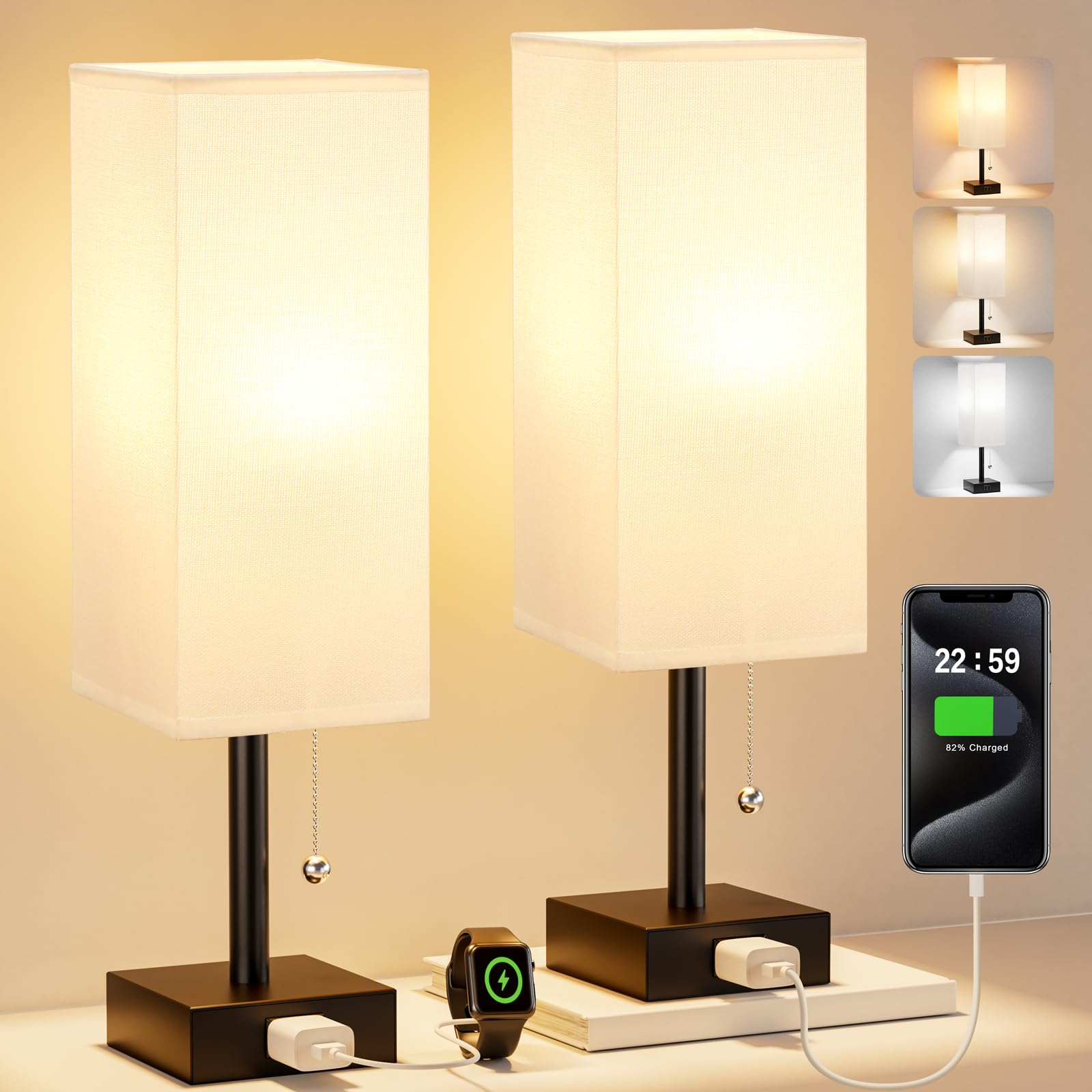 White Bedside Lamps for Bedroom Set of 2 - Small Rectangular Nightstand Lamp with AC Outlet Charging Port, 3 Color Temperatures 