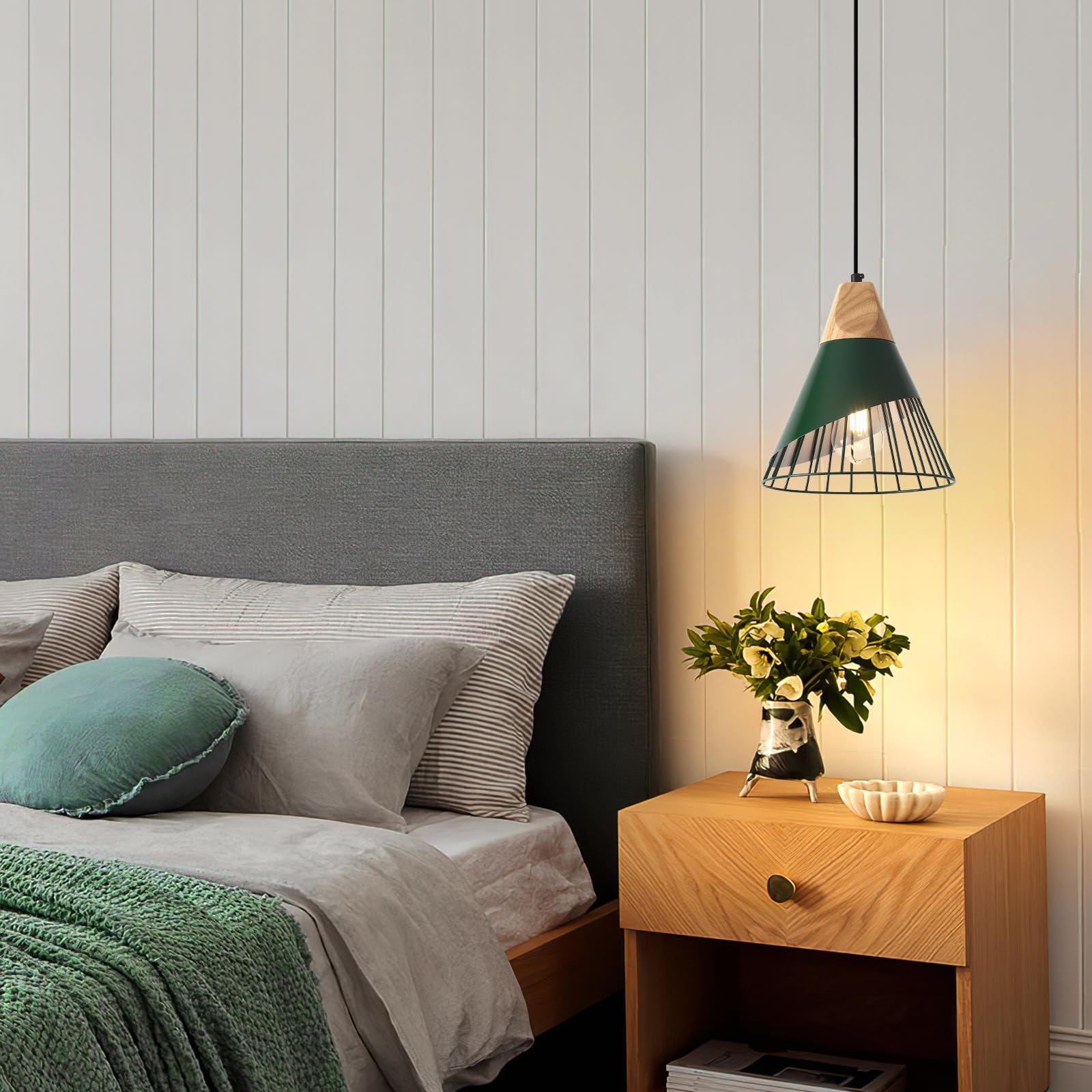 Sesiment Farmhouse Pendant Light 9.4Ines, 2 Packs- Green Industrial Kitchen Pendant Lights For Kitchen Island, Bar, Bedroom, Off
