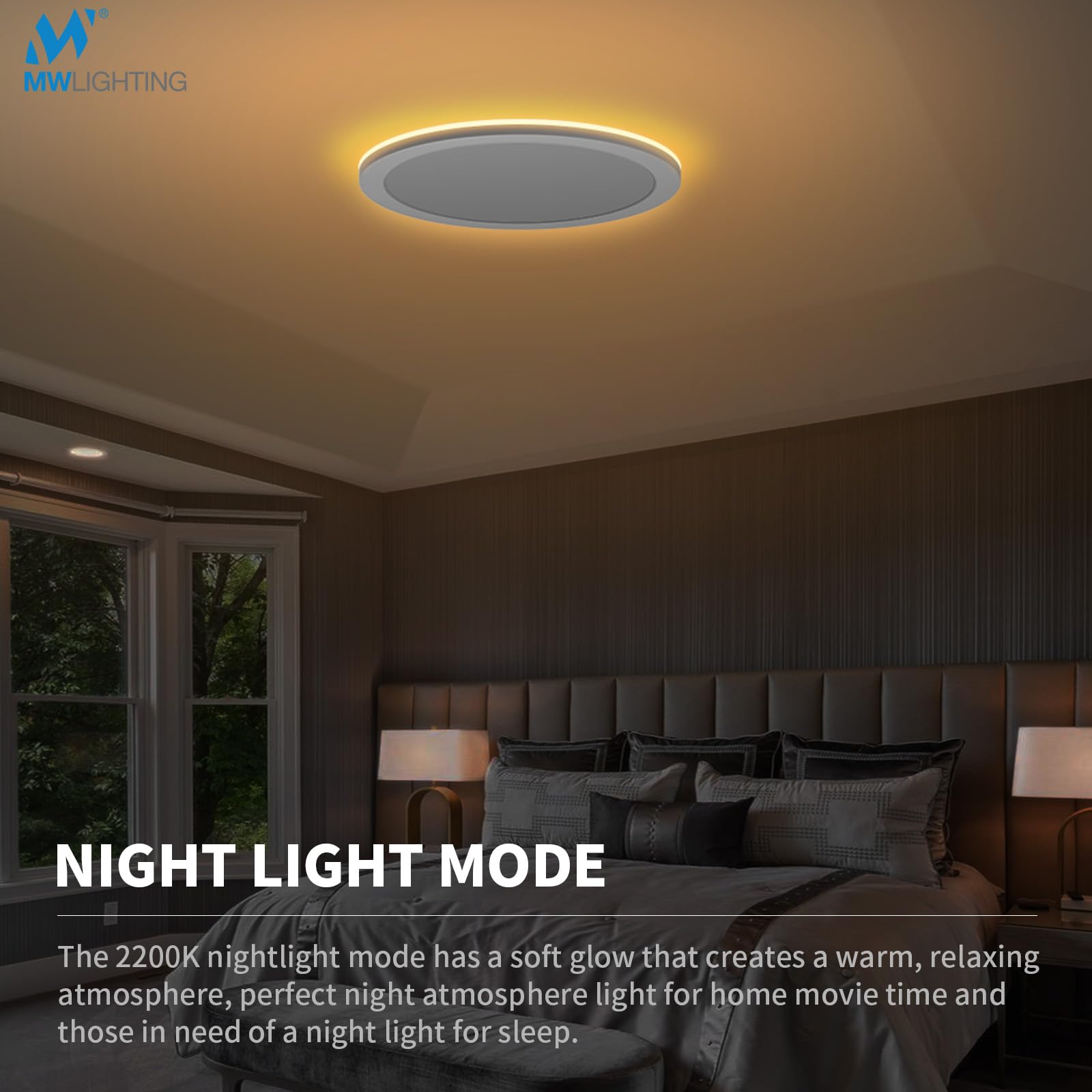 Mw 12 Inch Led Flush Mount Ceiling Light With Night Light,24W Eqv.80W, Wired (No Remote), 2700K/3000K/3500K/4000K/5000K, Etl,Cal