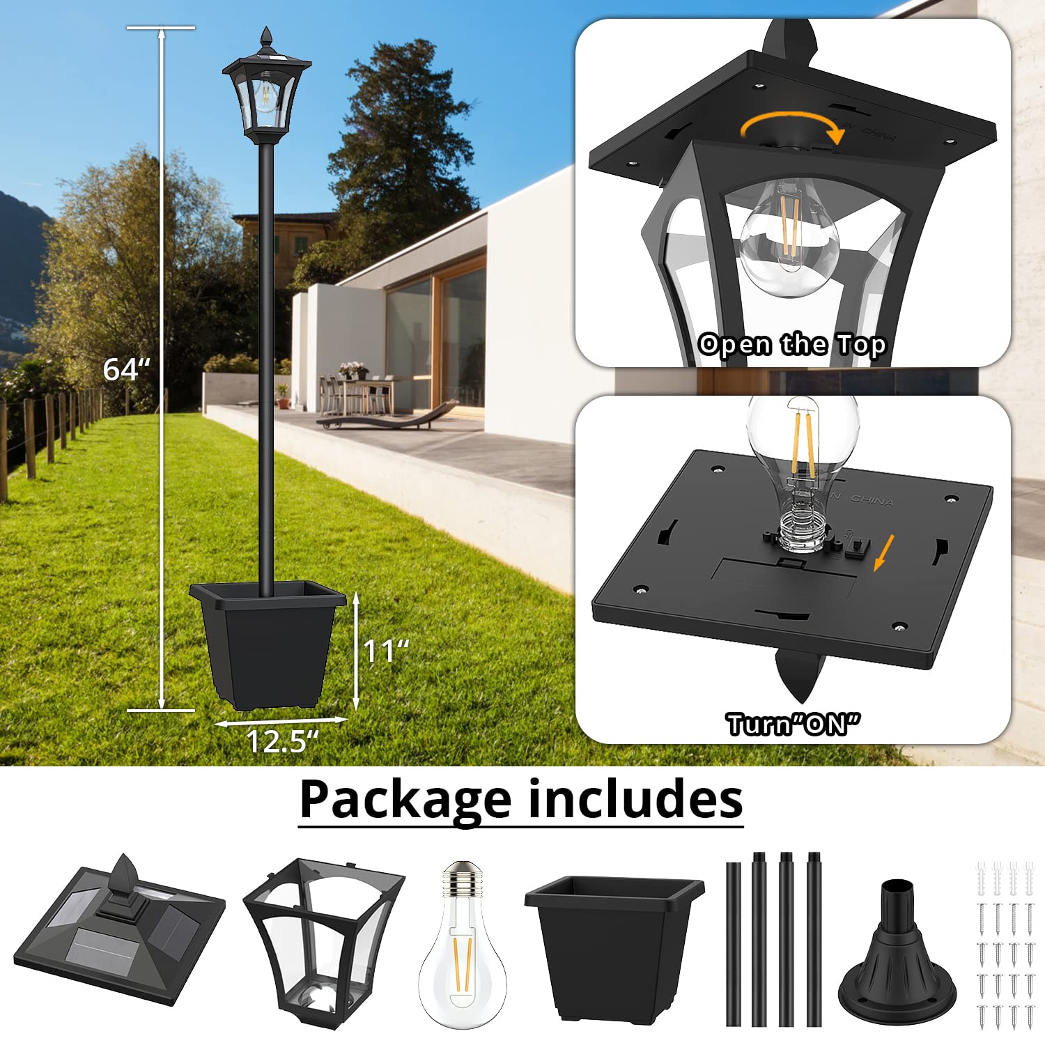 Icerona 64 Inch Outdoor Solar Lamp Post With Planter, 60 High Lumen Street Light, Waterproof For Pathway, Garden, Driveway, Lawn