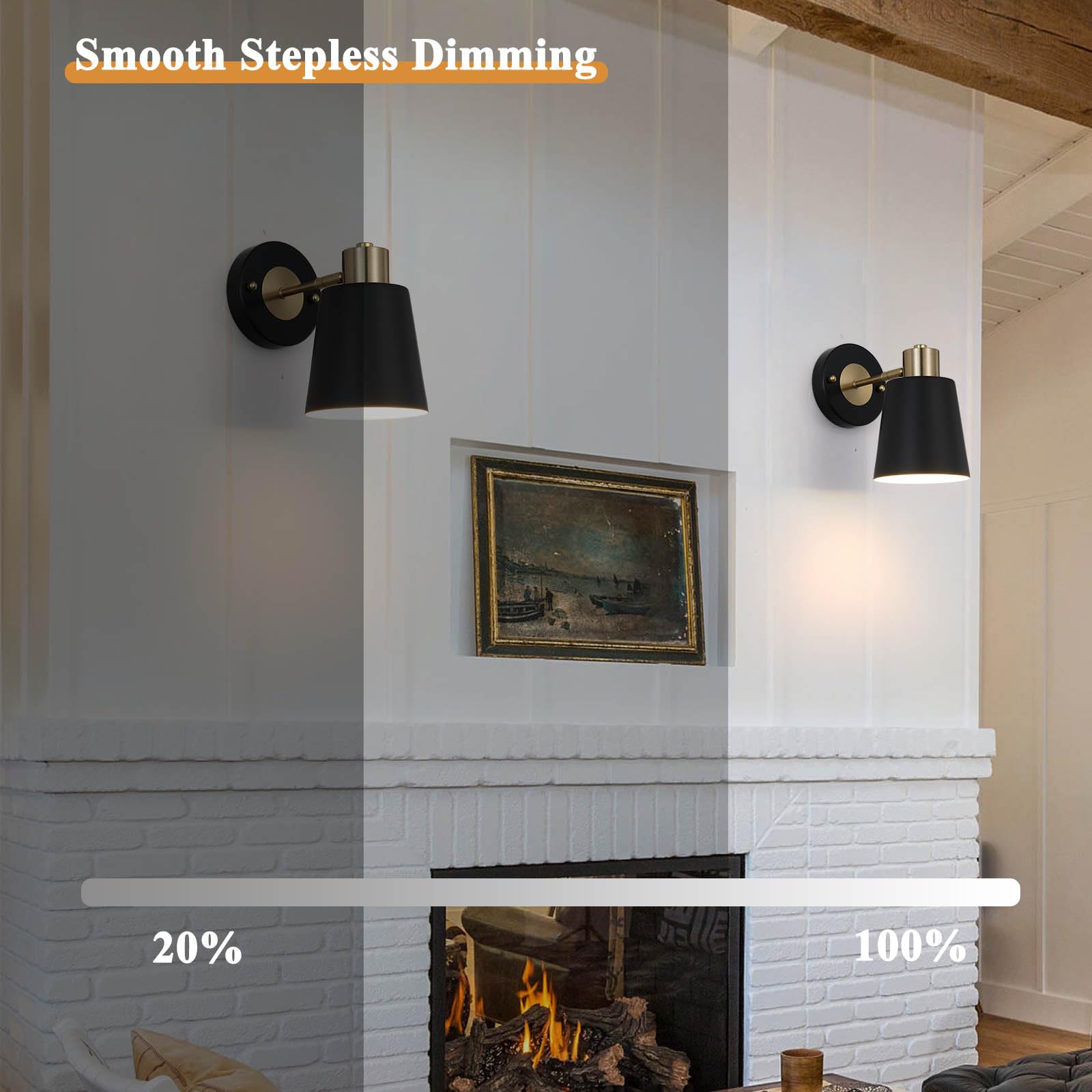 Hotran Battery Operated Wall Sconce Set Of Two, Black And Gold Modern With Remote Control Dimmable Wall Lighting Indoor, Not Har