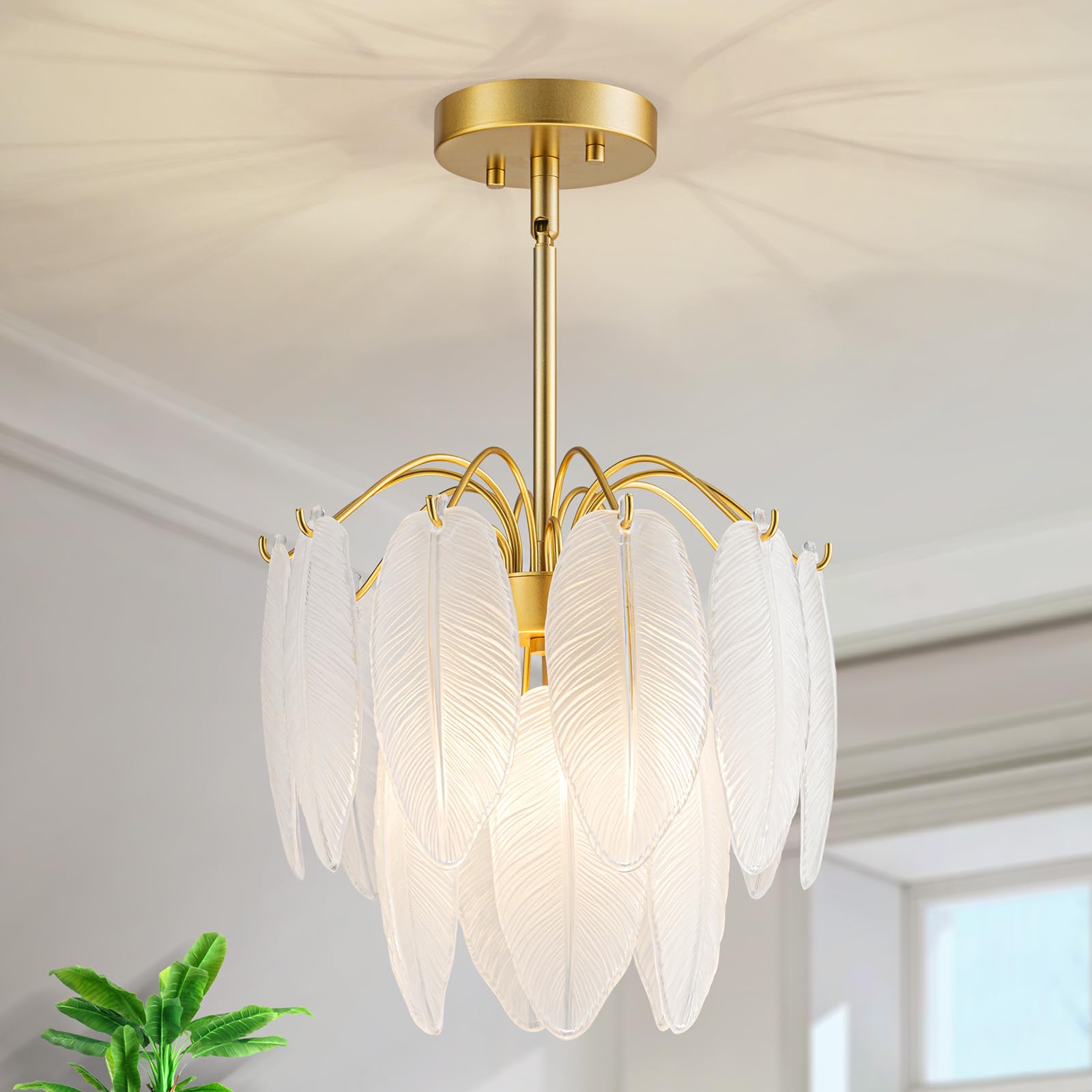 LumFurn 3-Light Glass Chandelier, Modern 2-Tier Pendant Light, Adjustable Height D12x18-47In, Gold Frame & White Frosted Glass Shade