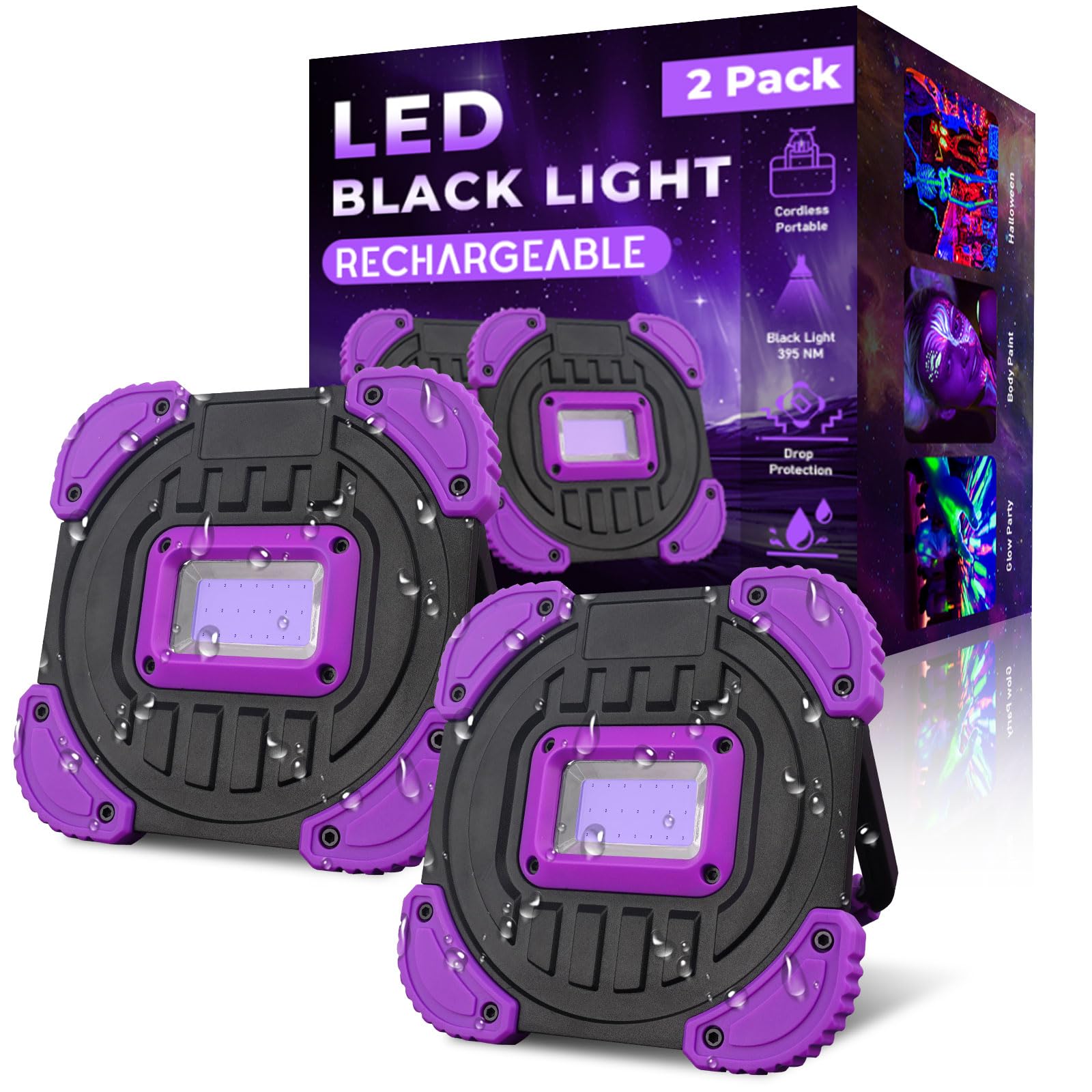 Rechargeable Black Light, Cordless 395nm Battery Powered Blacklights for Glow Party, IP65 Waterproof, Body Painting, Fishing, Ha