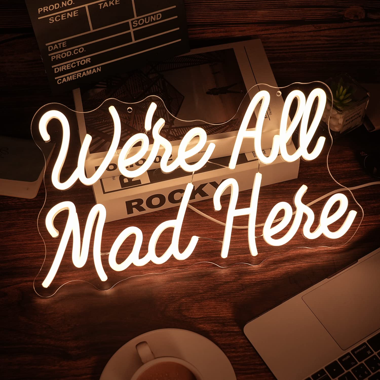 LISIGNVE LED Neon Sign - We Are All Mad Here, Dimmable, USB Powered, 16.5inx9.4in, Warm White, Decorative Light for Home and Parties