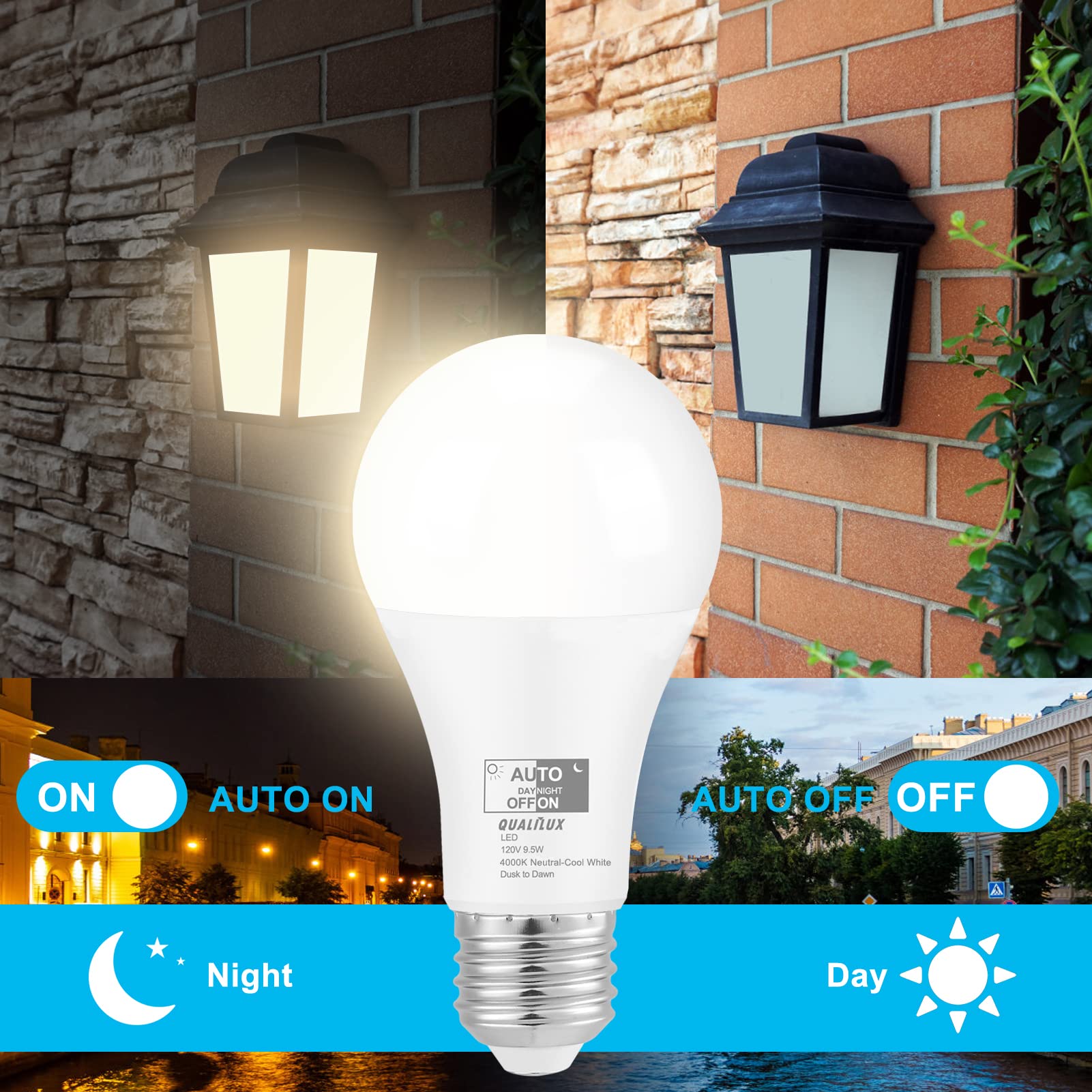 Qualilux Dusk to Dawn LED Light Bulbs 4000K Cool White 850LM 60W Equivalent A19 E26 Base 2-Pack