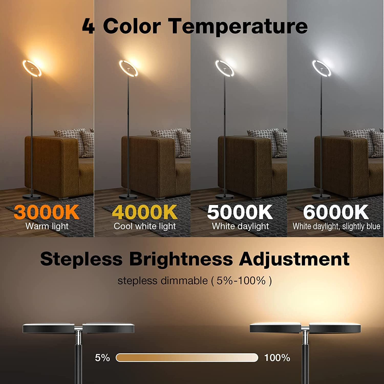 Floor Lamps For Living Room,Sibrille Modern Stepless Dimmable Standing Lamp 3000-6000K,20W Led Rotatable Reading Standing Light,