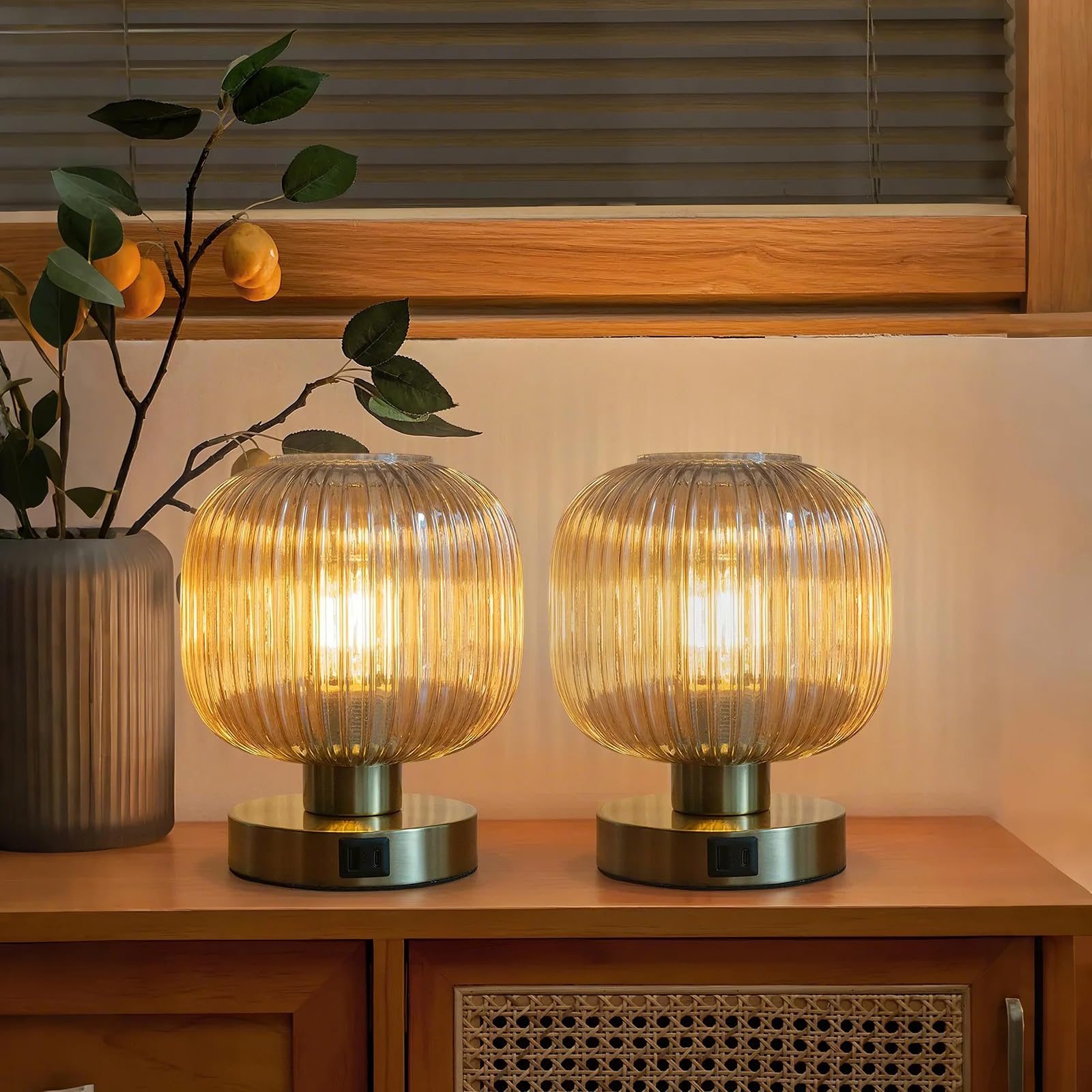 Touch Control Small Table Lamp Set Of 2, Elegant Gold Glass Bedside Lamp 3 Way Dimmable With Usb C+A Charging Ports - Bedroom Ni