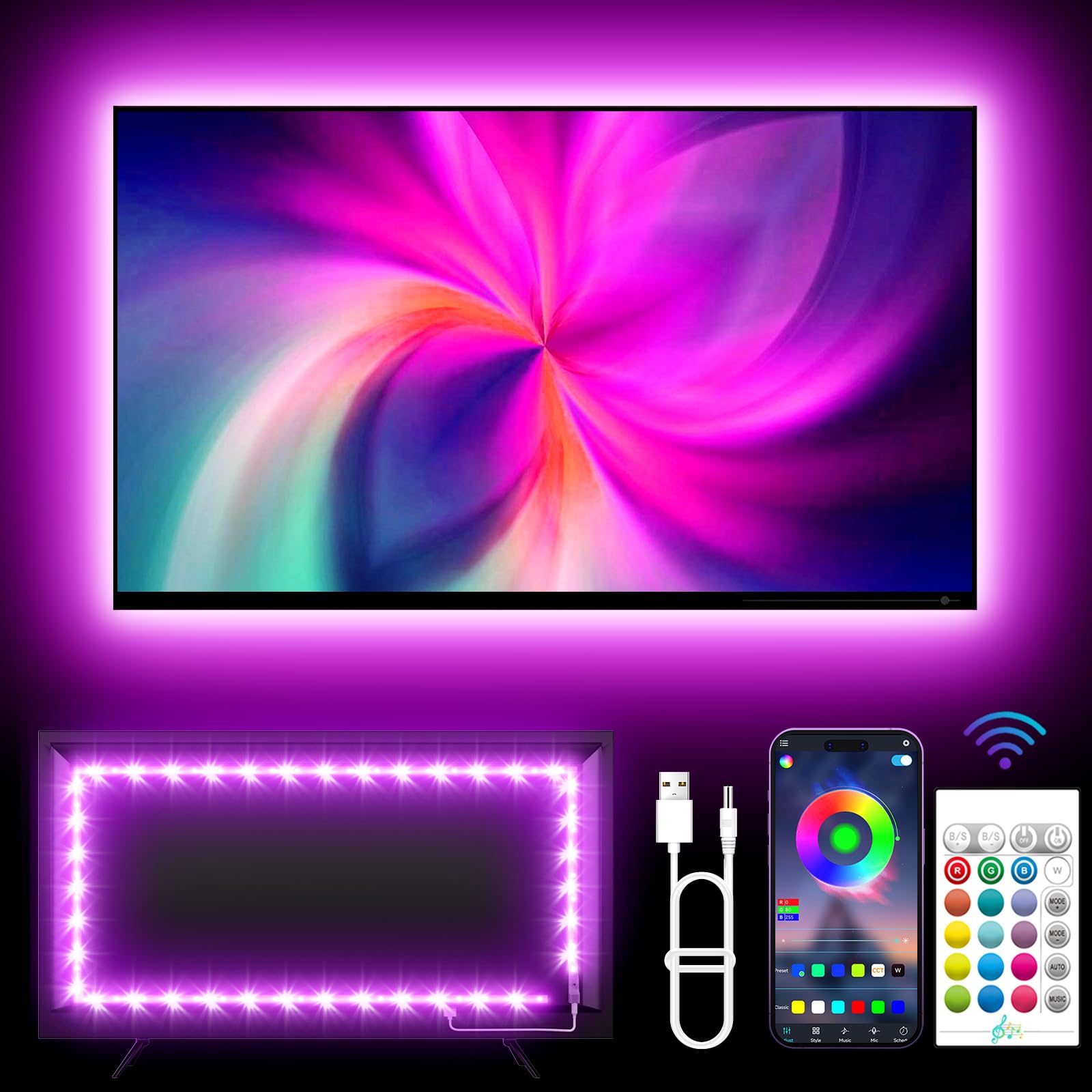 Kantutoe Led Tv Backlights, 13.1Ft Rgb Strip Lights, Music Sync, Bluetooth App & Remote, Usb Powered For 32-65 Tvs, Multicolor