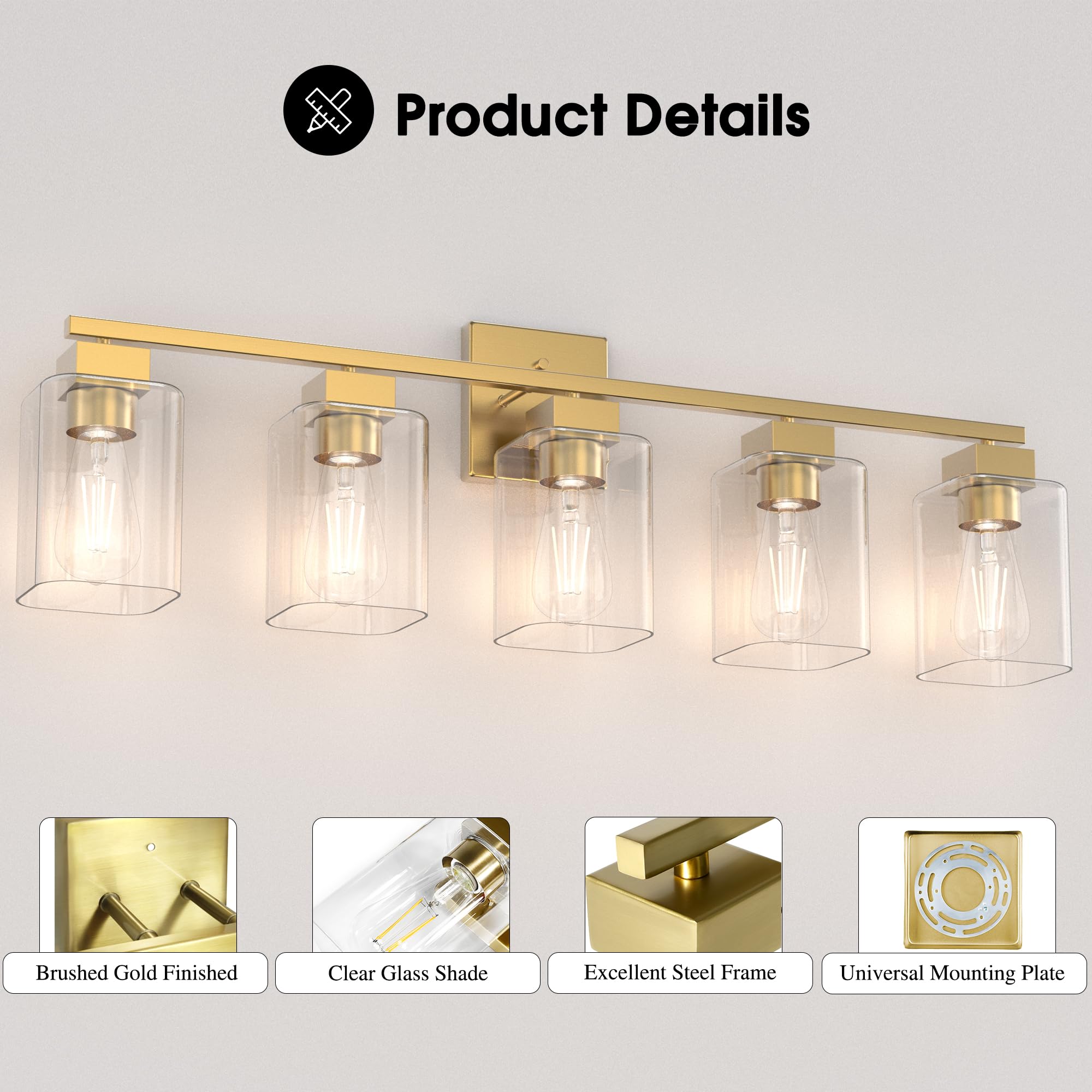 Espird 5 Light Bathroom Vanity Light - Brass Gold Light Fixture Bathroom Square Design & Ul Certification, 31 Inch Long Gold Bat