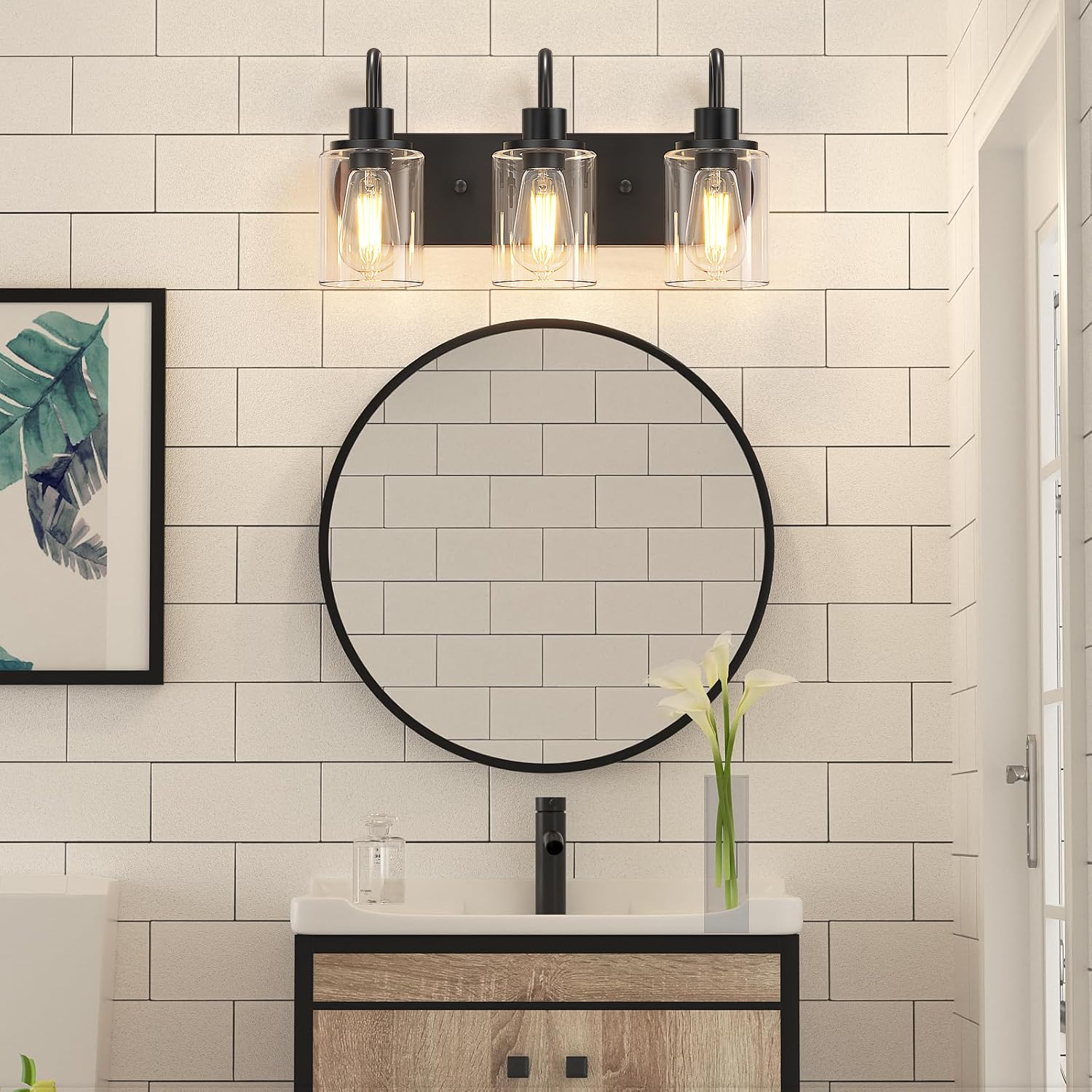 Baocuz 3-Light Bathroom Light Fixtures, Black Vanity Light Farmhouse Wall Sconces With Clear Glass Shade, Modern Bathroom Wall L