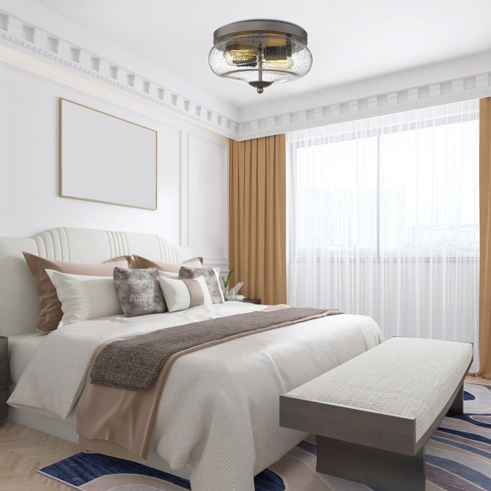 Darkaway Ceiling Light Fixtures, Oil-Rubbed Bronze, Metal, 11inch, Seeded Glass Shade, Model 6T1F, Indoor Outdoor Flush Mount