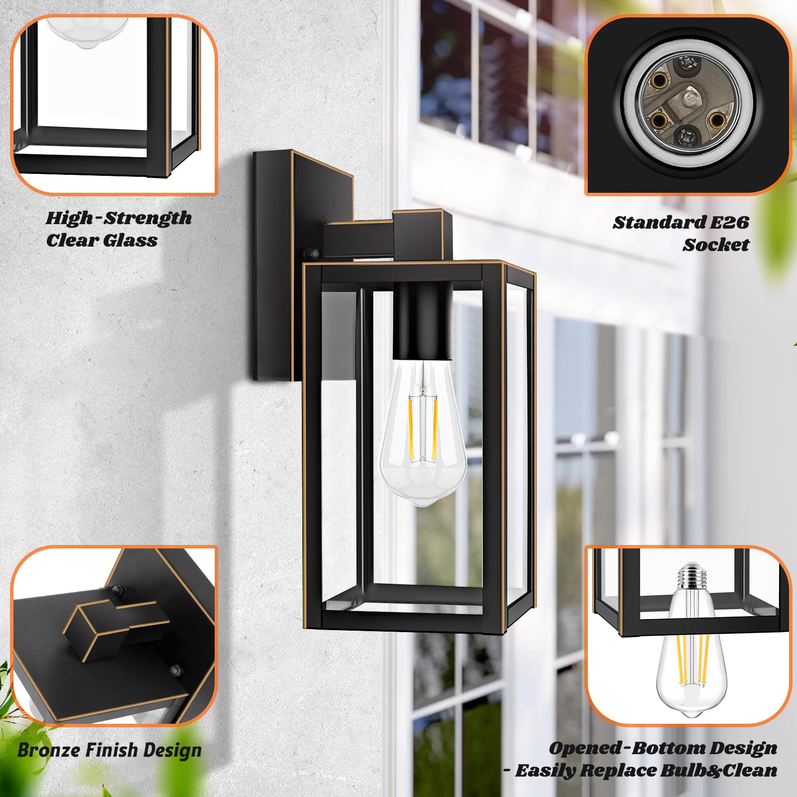Outdoor Wall Lights 2-Pack, Waterproof Outside Wall Sconce Light Fixtures, Bronze Exterior Wall Lanterns With Clear Glass For Ho