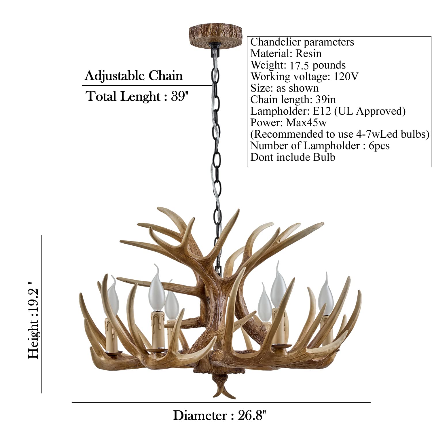 Hubrin Antler Chandelier 6 Light Rustic Style Resin Light Fixture, Brown with White, 6 Lamp Arms + 3 Arms