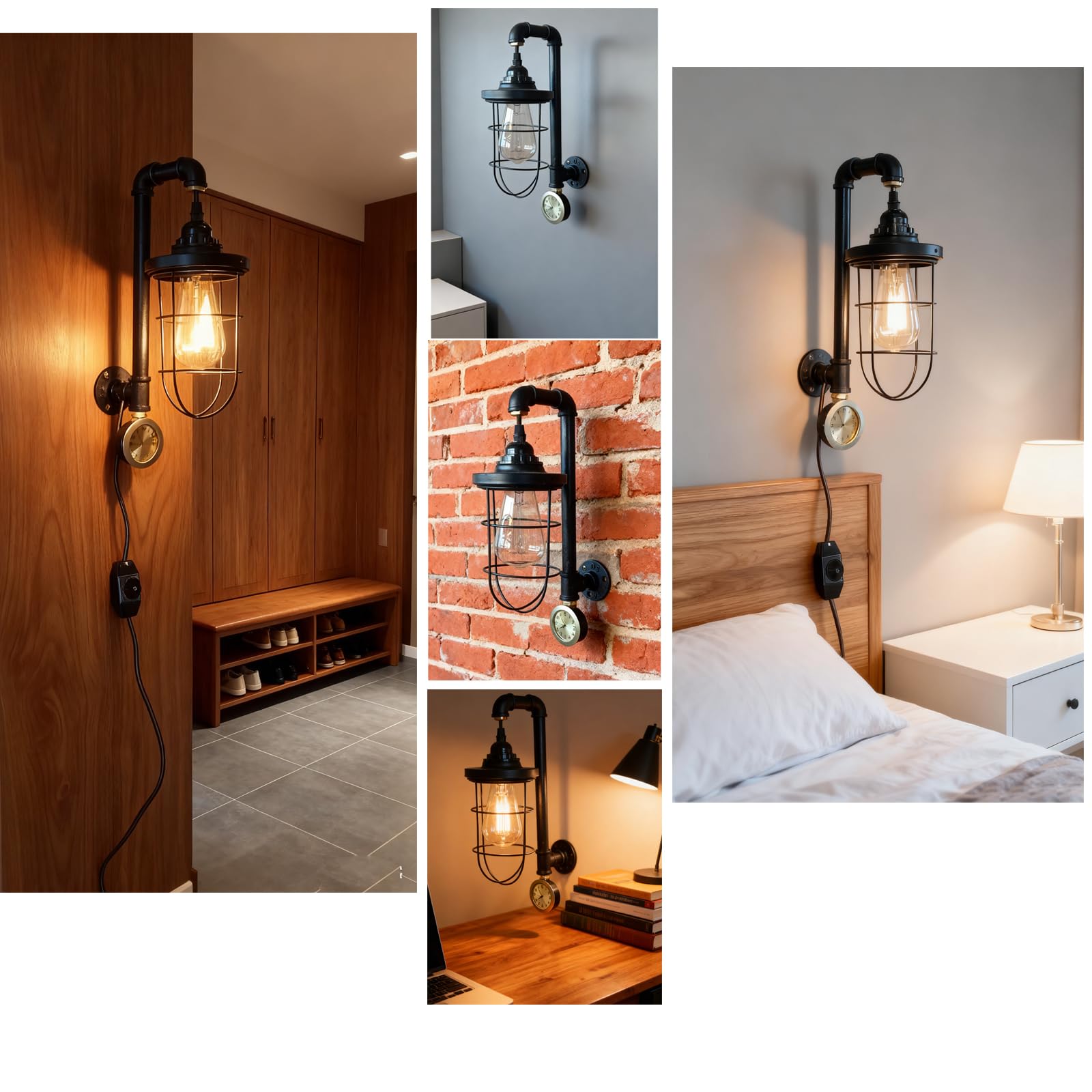 Bundor Steampunk Industrial Pipe Wall Sconce, Dimmable Plug in Wall Light, Black Metal Cage Vintage Sconce with Clock, Edison La