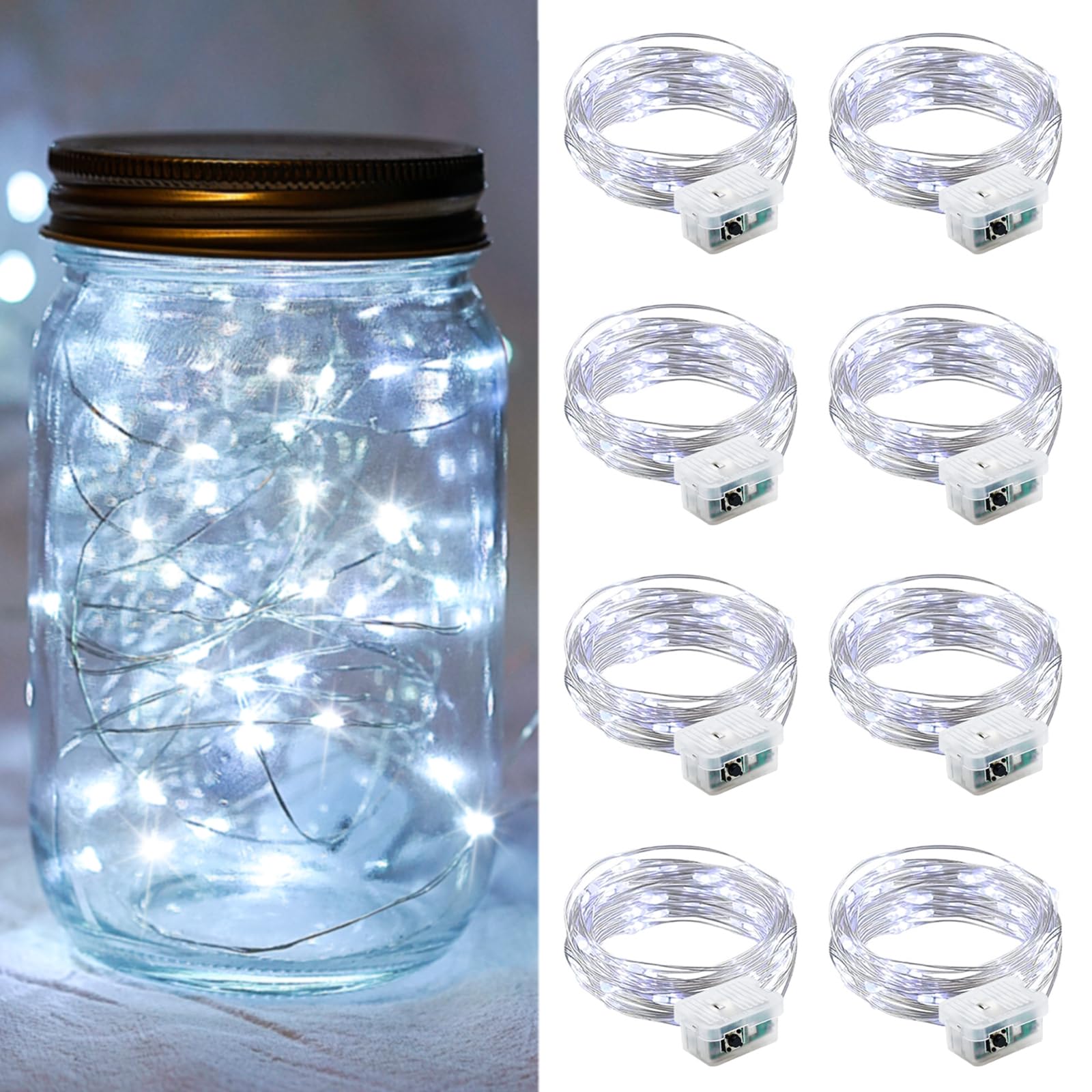 chzk 8 Pack LED Fairy Lights Battery Operated, 7Ft 20LED Mini String Lights Waterproof Twinkle Lights Firefly Starry Moon Lights for Mason Jars Wedding Christmas Party Bedroom Decor