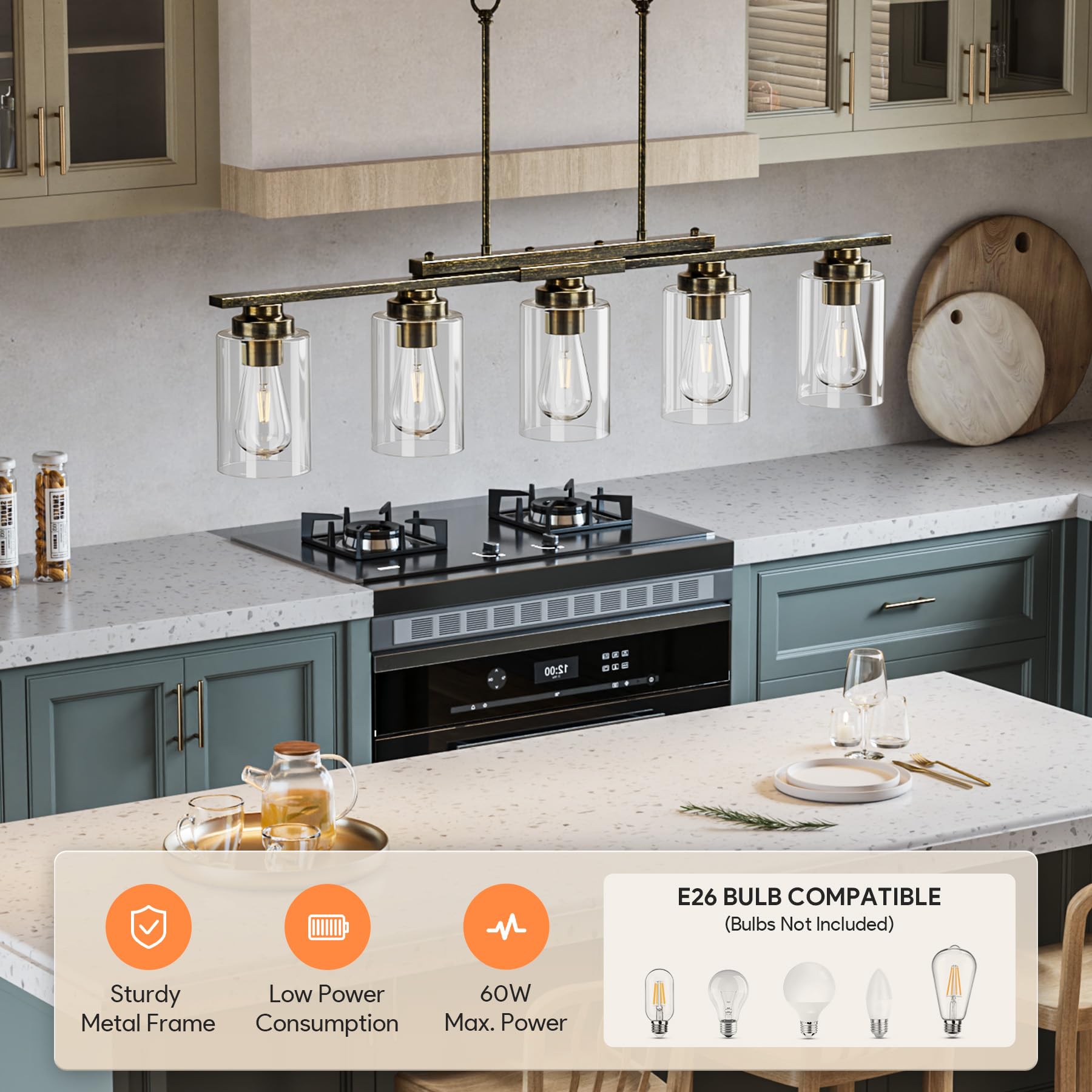 VONLUCE 5-Light Kitchen Island Lighting Fixture, Antique Black Glass Shade, Adjustable Rods, ETL Certified Chandelier for Dining Room