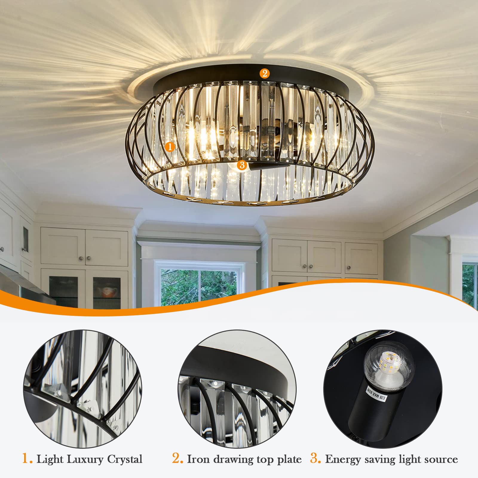 Yyjlx Modern Black Crystal Flush Mount Ceiling Light - 3 Light Chandelier For Indoor Spaces