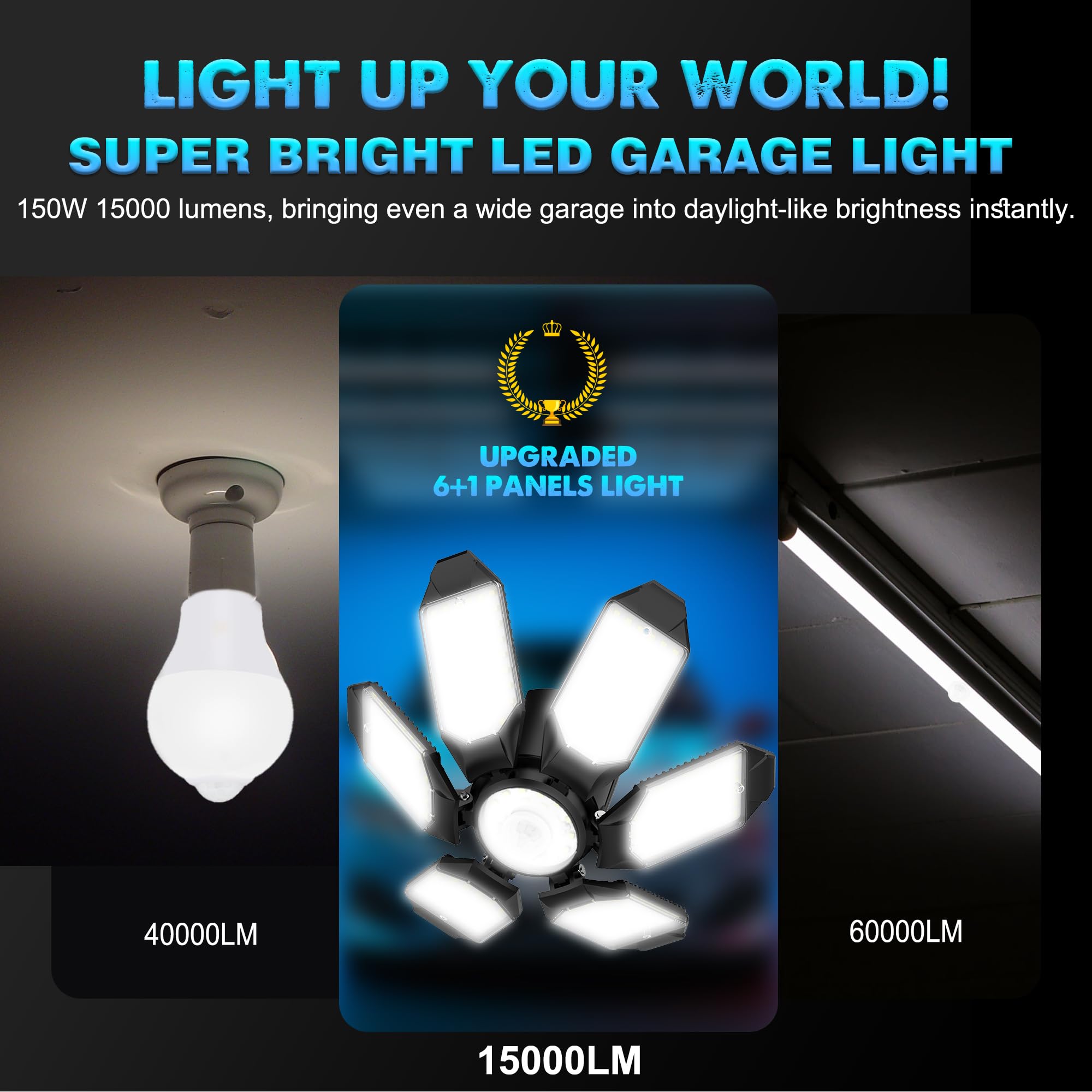 Motion Sensor Garage Light - 150W 15000Lm Garage Lights Ceiling Led Motion Activated With Pir & Photocell Sensors Adjustable Pan