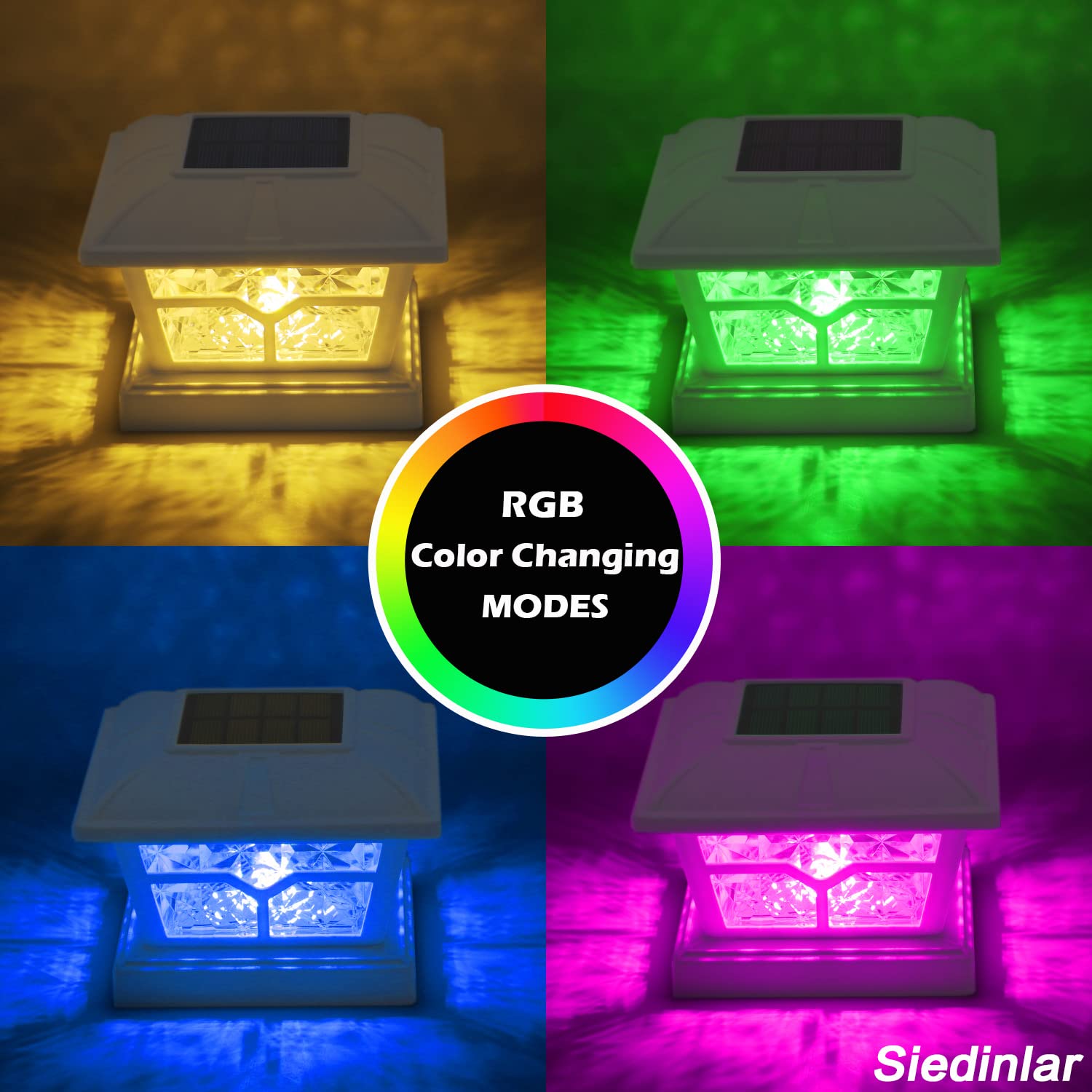 SIEDiNLAR Solar Post Cap Lights, 6 Pack, RGB & Warm White Color Changing LED for 4x4, 5x5, 6x6 Posts, Outdoor Fence &