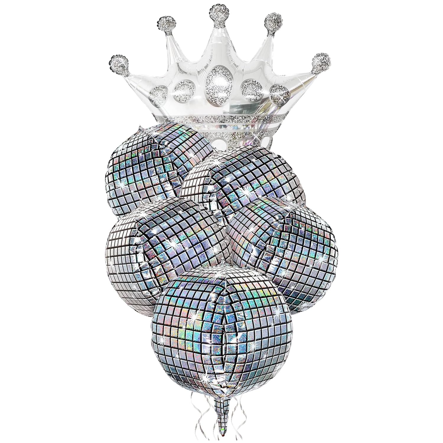 D Dywarm Holographic Mirror Disco Ball Set, 18-Inch, Glass Tiles, Silver Crown Balloon, Large, 006-Silver Disco