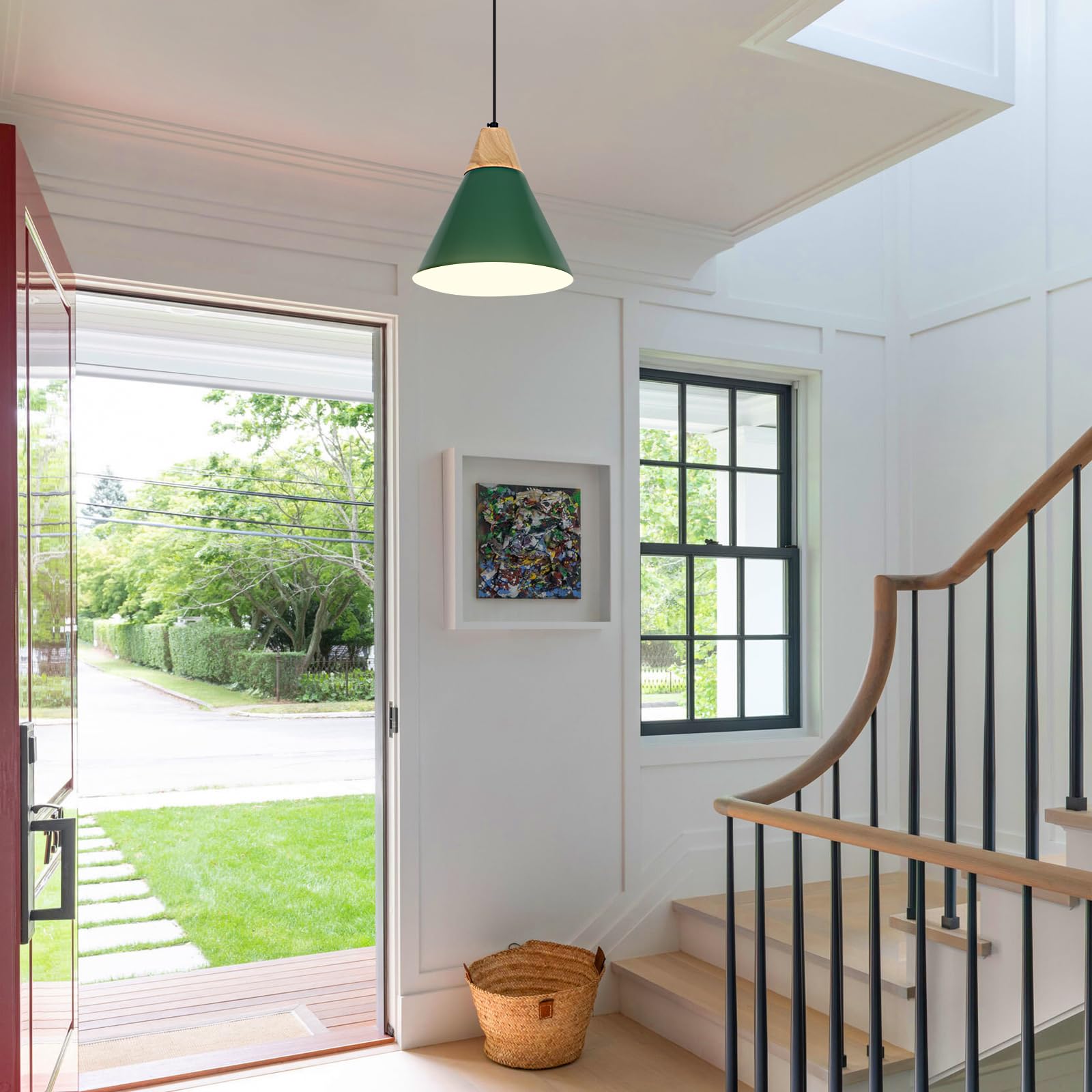 Sesiment Plug In Pendant Light, 2 Pack 9.4Inch Hanging Lights With Plug In Cord 14.7 Ft, Green Pendant Light Plug In, Hanging Pe