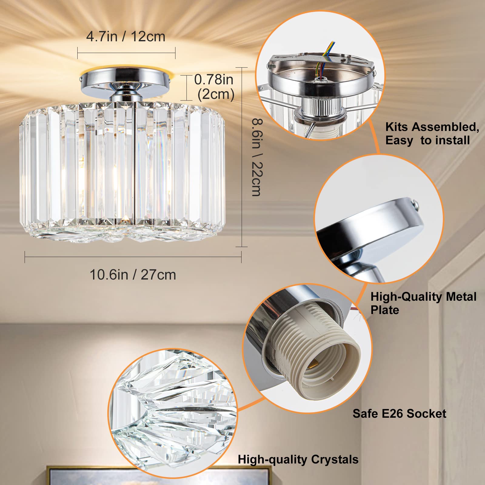 Hopggie 10.6'' Semi Flush Mount Ceiling Light Mini Small Crystal Chandeliers Modern Hallway Light Fixtures Ceiling Flush Mount C