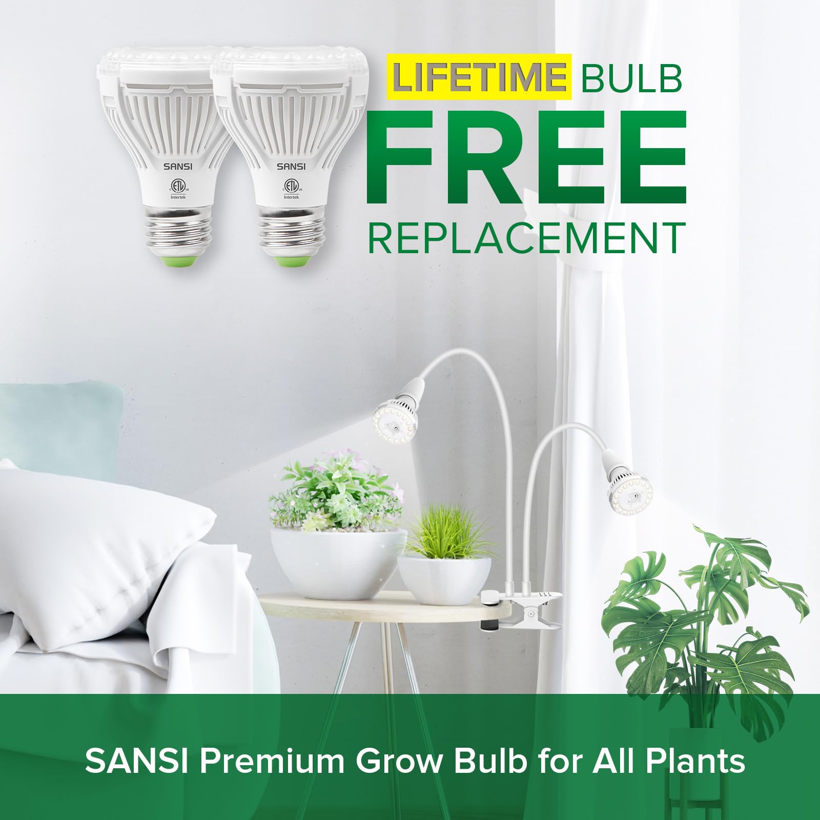 SANSI LED Grow Light, 300W Full Spectrum, Clip-on Gooseneck, Ceramic, 1 Count, White, Model 01-03-001-011022