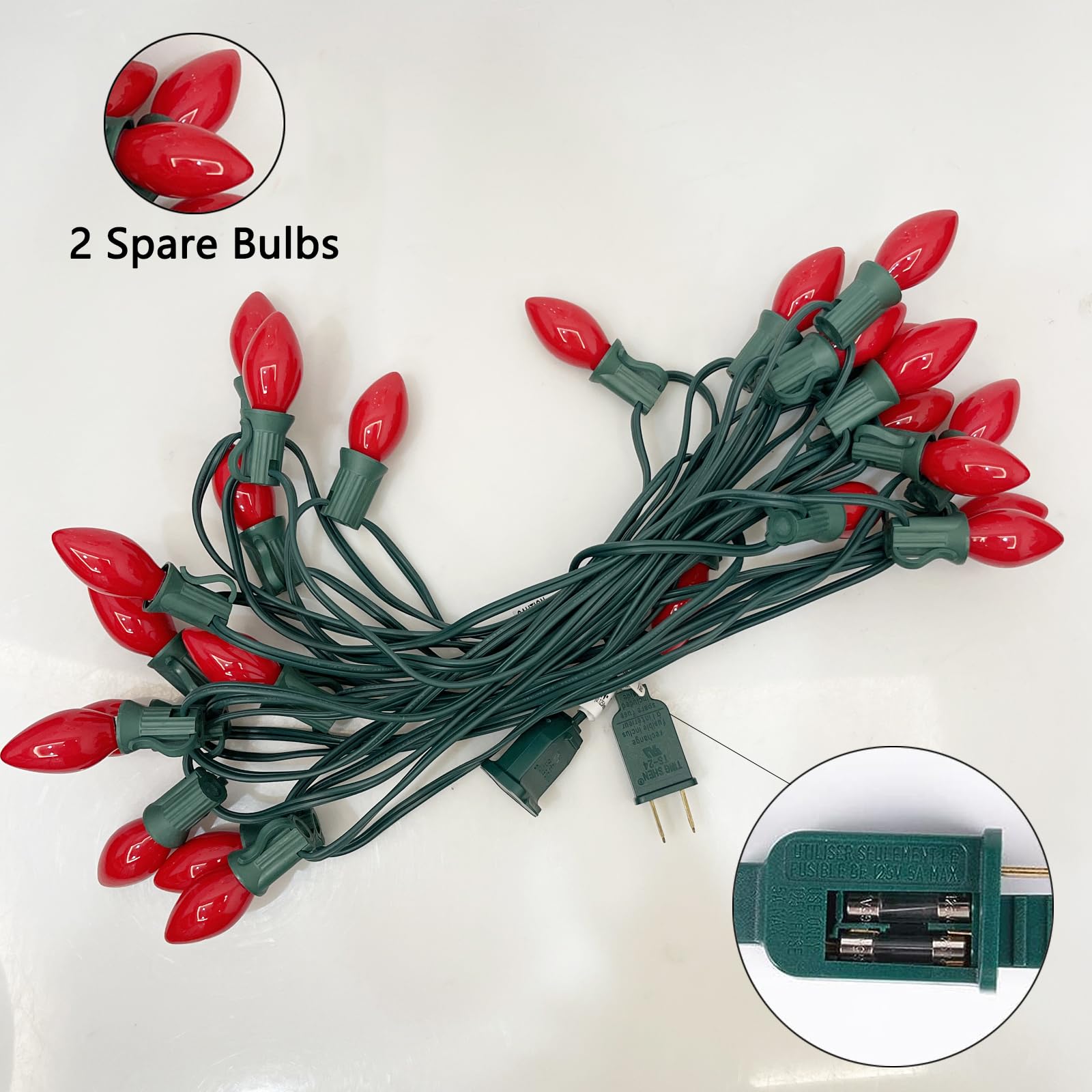 SUNSGNE C7 Christmas Outdoor String Lights 25ft with 27 Red Glass Bulbs, Connectable for Backyard Party Decor, Green Wire