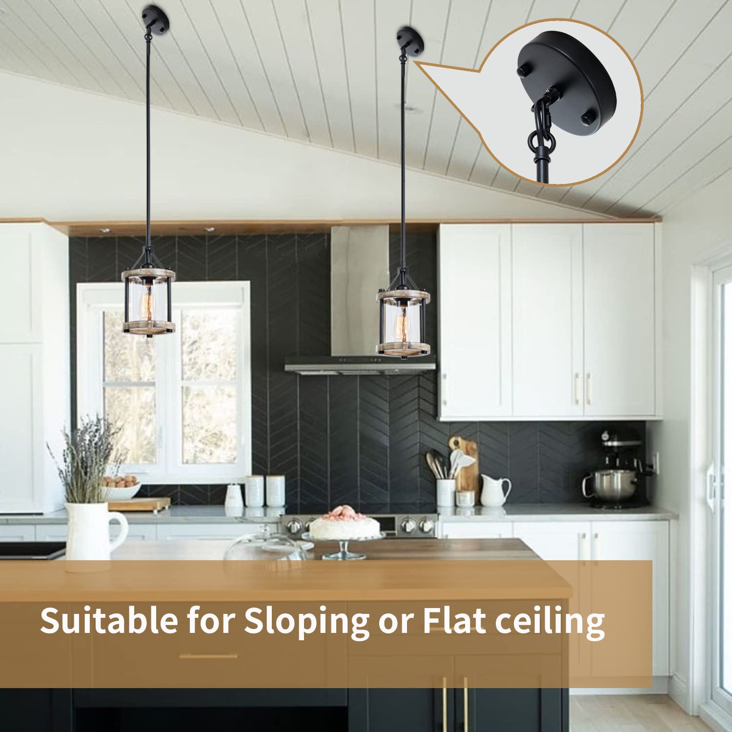 Ejerlya Farmhouse Pendant Light, Rustic White Wood And Metal Cage Hanging Light Fixtures With Glass, 43 Inch Adjustable For Flat And Slop Ceiling, Pendant Lighting For Kitchen Island Foyer Hallway