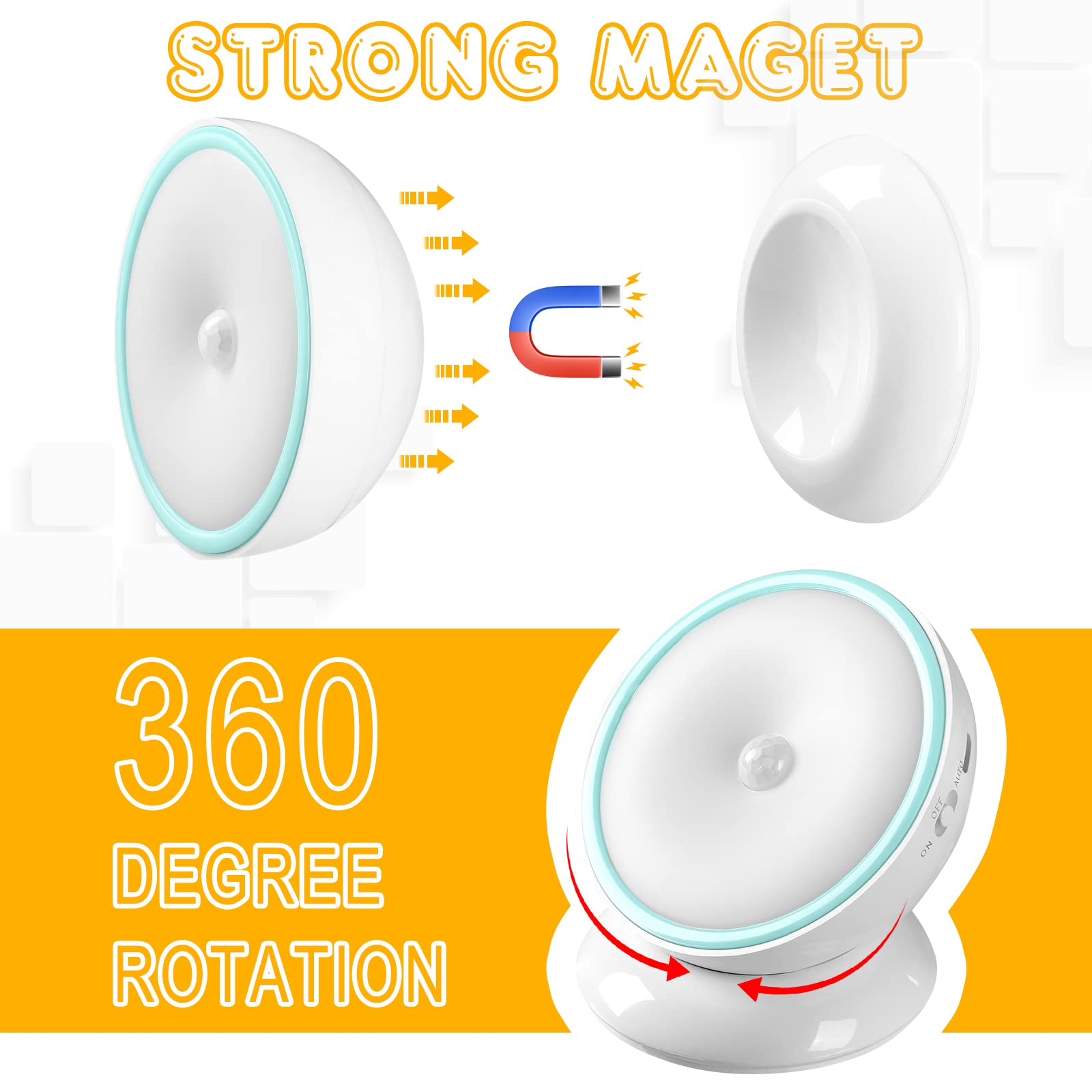 Kathfly 2 Pieces Motion Sensor Night Lights Led Cordless Puck Lights Small Wall Lights With Rotating Base For Cruise Cabin Hallway Bedroom Kitchen Closet Stairway, White Light (Charging)
